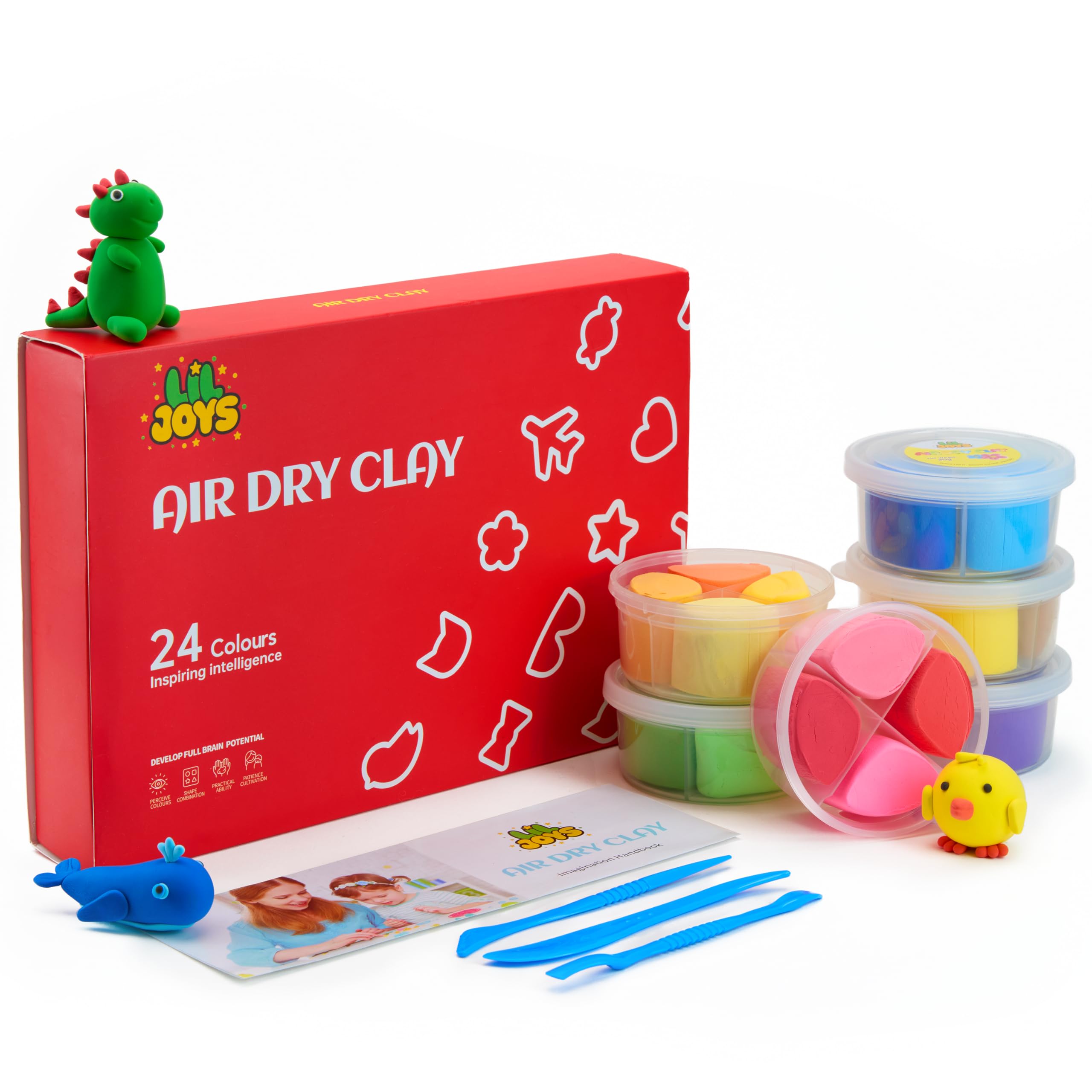 Air Dry Clay for Kids - 24 Colours in Resealable Tubs, Non-Toxic Soft Clay Set with Modelling Tools and Imagination Handbook - Gift for Boys & Girls Aged 3+ DIY Craft Kits for Kids
