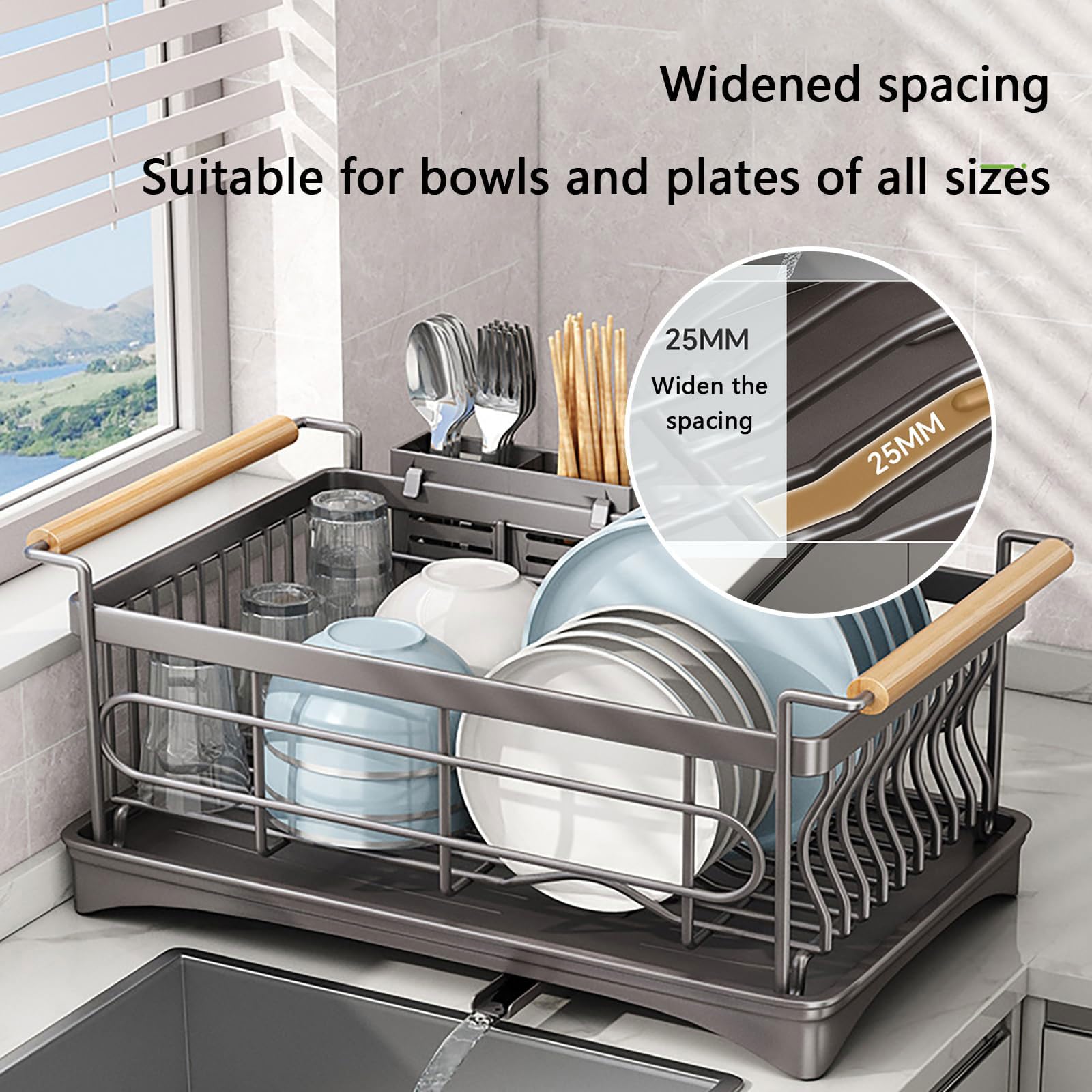 Escurridor de platos 46*31*23CM Escurreplatos Acero Inoxidable Cocina con Bandeja Recogegotas y Portacubiertos Secador Boquilla Giratoria 360° Ahorra Espacio Secaplatos para Encimera de Cocina