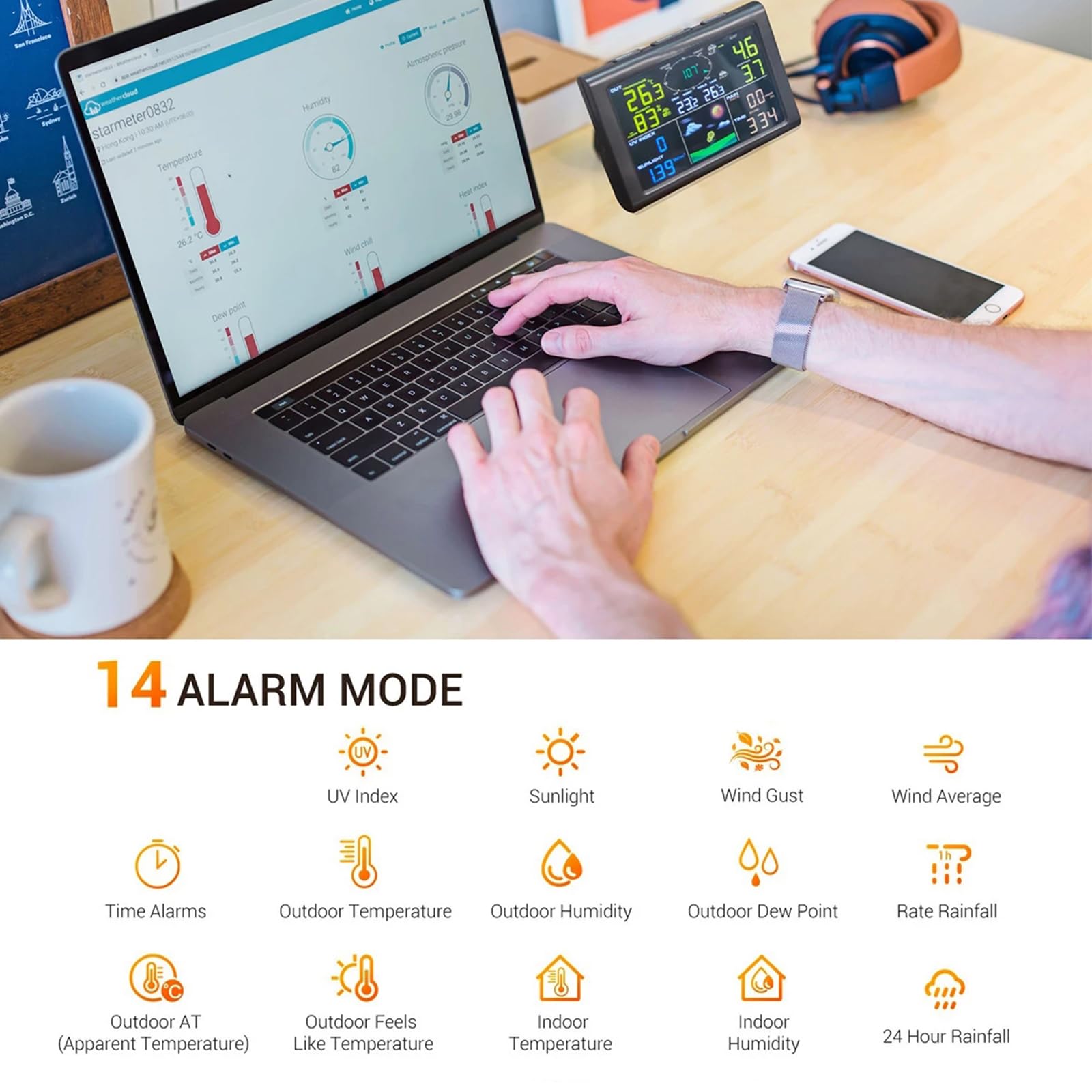 Estación meteorológica WiFi 7 en 1 con Internet inalámbrico y Sensor para exteriores, termómetro para interiores y exteriores, humedad, pluviómetro, anemómetro, registros de Valore