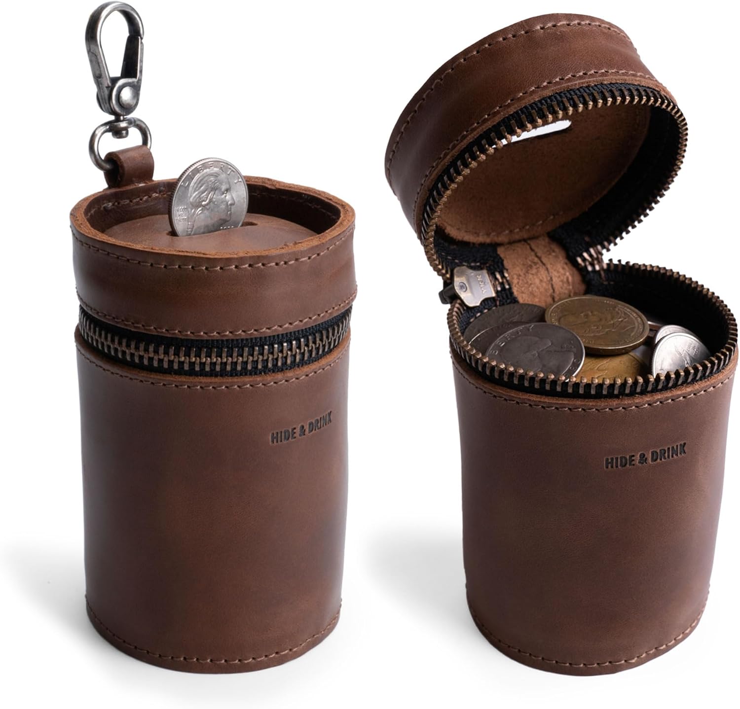 Hide & Drink, Money Box, Piggy Bank Bucket, Zippered Pouch, Cash Organizer, Coin Case, Full Grain Leather, Handmade (Charcoal Black)