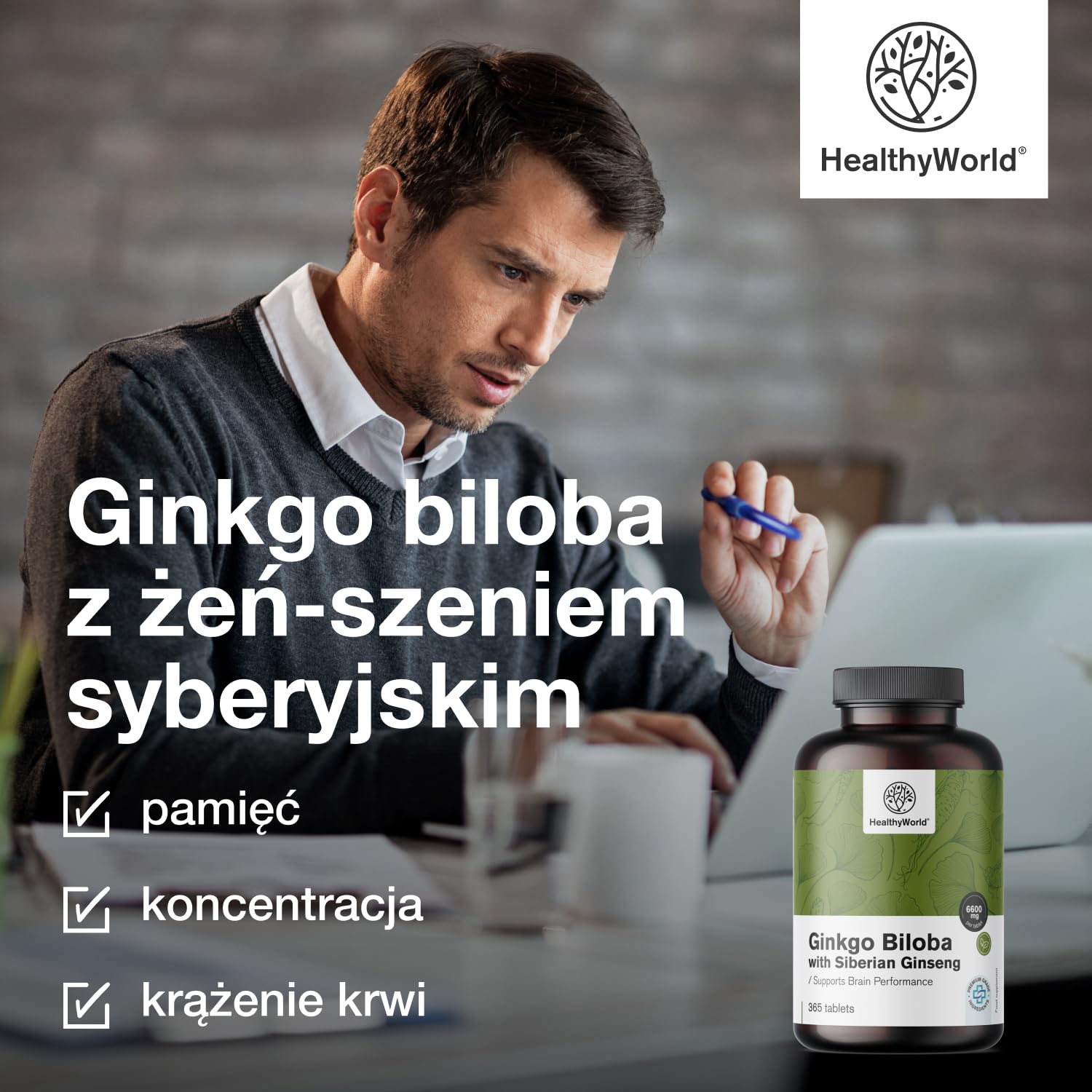 HealthyWorld Ginkgo Biloba + żeń-szeń syberyjski 6600 mg – Wysoka dawka, jakość premium – Wsparcie mózgu, pamięci i koncentracji – 365 tabletek – Ekstrakty 50:1 i 10:1