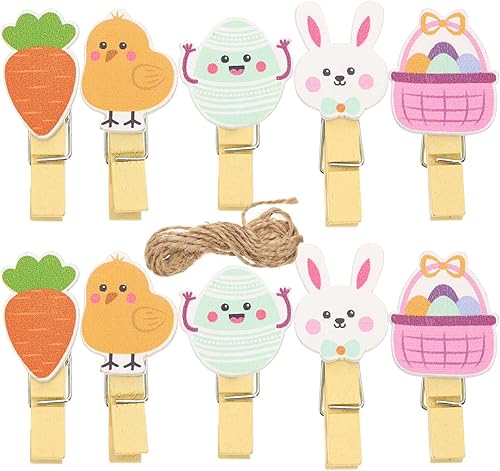 ABOOFAN 40 mini pinzas de madera para la ropa, conejito de Pascua, zanahoria, pollo, pinzas de madera con cordel de yute, clips de fotos, clips de