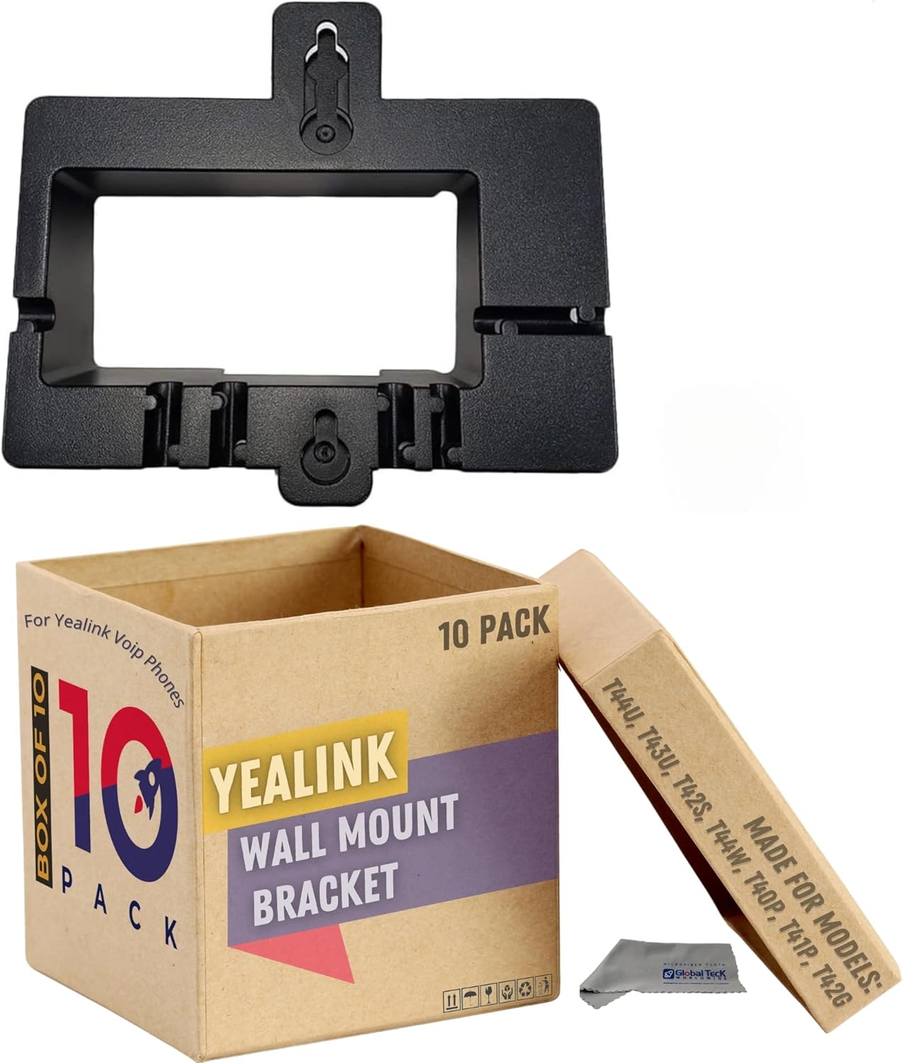Yealink Wall Mount Bracket (Pack of 10) for Yealink Desk Phones T43U, T42S, T44W, T44U, T40P, T41P and T42G with Global Teck Microfiber Cloth