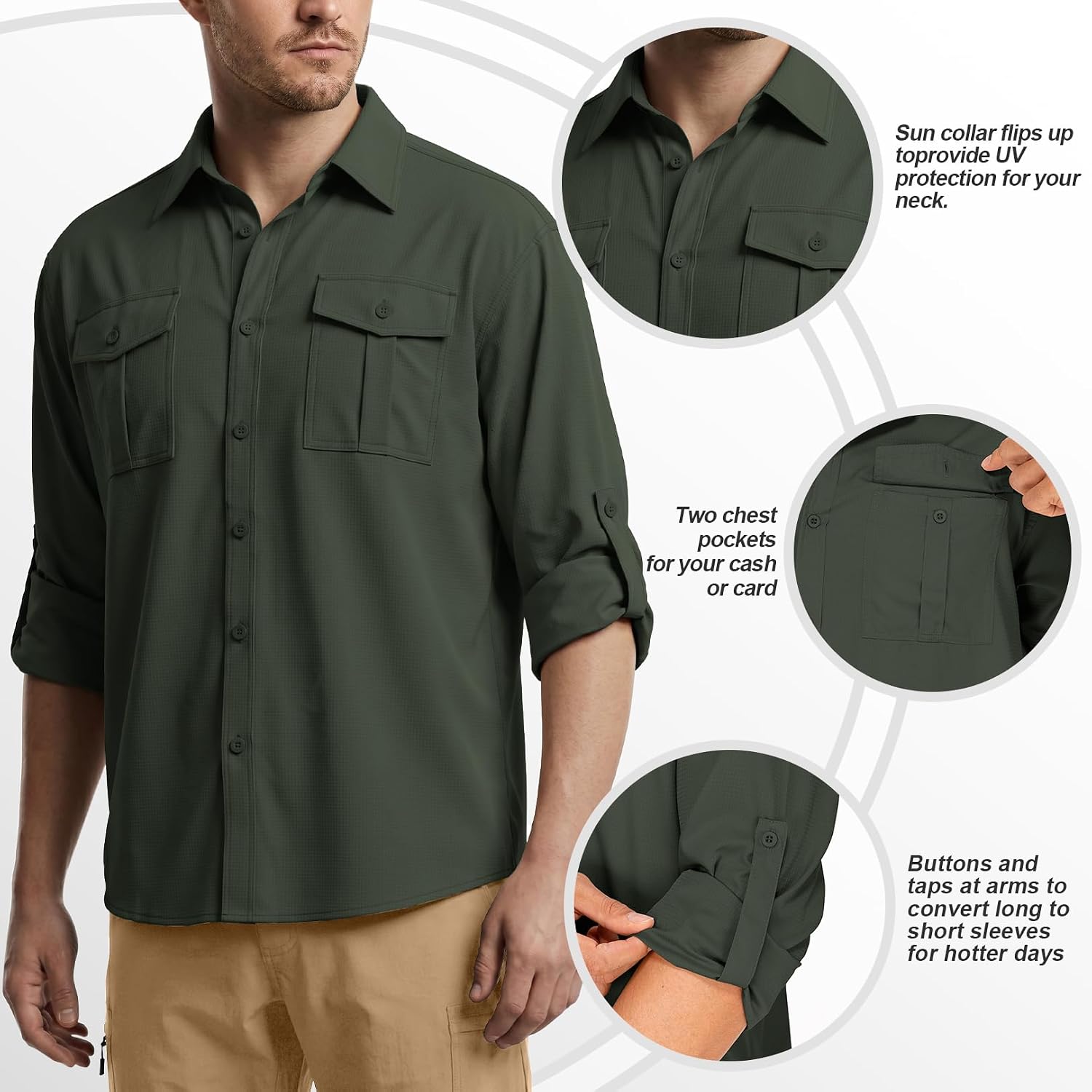 Men Sun Protection Safari Fishing Shirts Long Sleeve UPF50+ UV Lightweight Quick Dry Cooling Hiking Travel Button Down Shirt image 4
