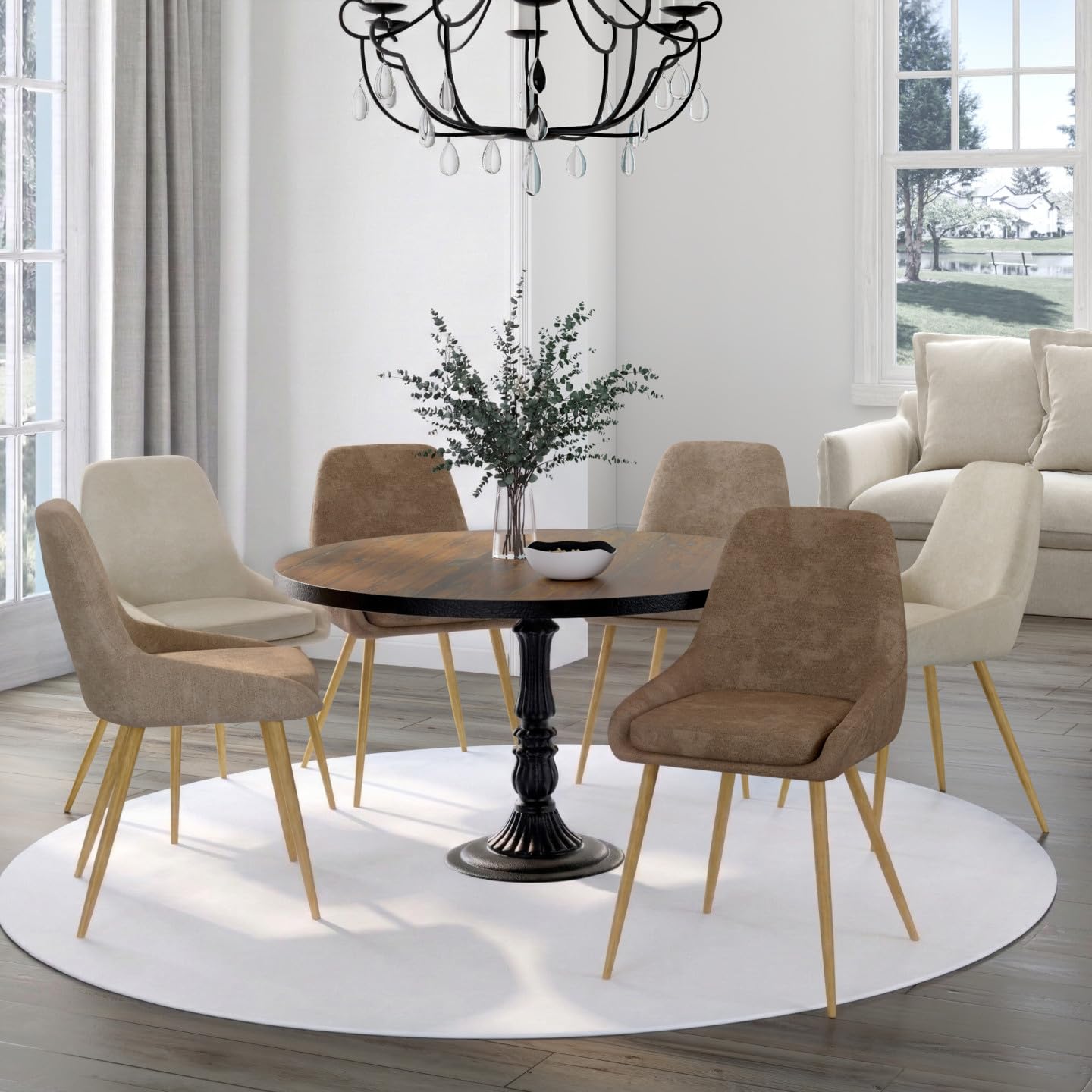 IDMarket - Lot de 6 chaises THALYA en Tissu Chenille Mix Color Taupe x2, Beige x2, Marron x2 et Pieds Effet Bois avec accoudoirs