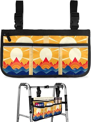 Sunrise Wheelchair Side Bag Walker Bag, Blue Orange Ombre Mountain Yellow Sunlight Wheelchair Accessories Armrest Pouch, Organizer Storage Bag for Walkers, Rollators, Scooters, 7.3''x13''