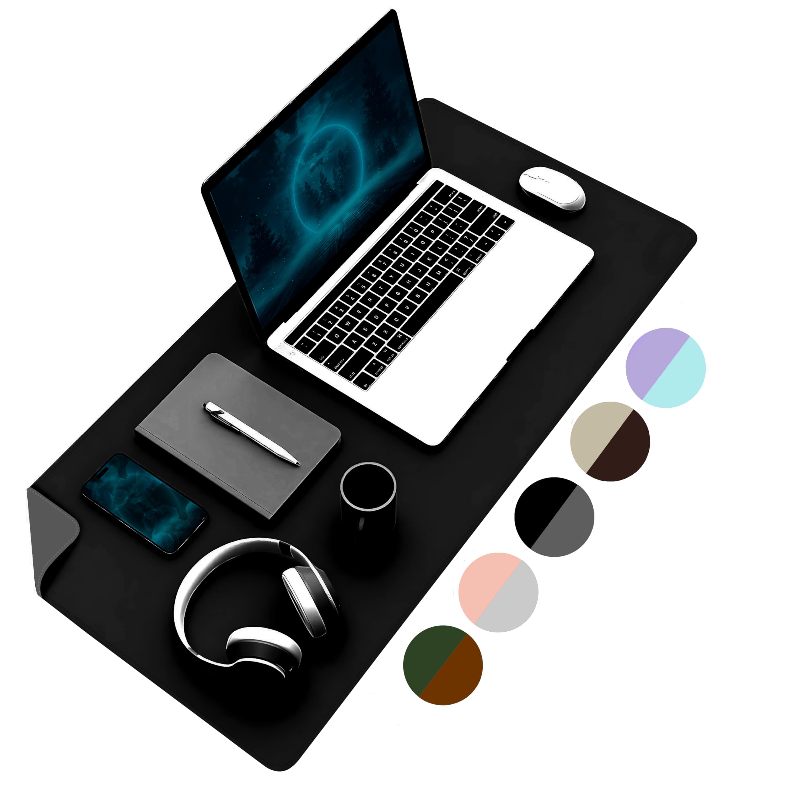 Klasse Çift Renk Dikişli PU Deri Masa Matı 80x40 Cm Mousepad, Su Geçirmez Masa Sümeni, Çift Taraflı Kullanım, Dizüstü Bilgisayar/Ofis/Ev için, Kaymaz Taban (Siyah Ve Koyu Gri)