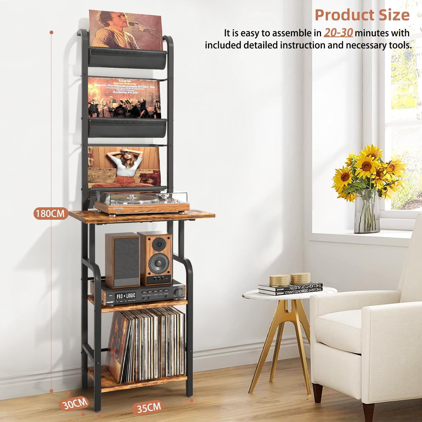 Bikoney Plattenspieler Ständer mit Schallplatten Aufbewahrung, Hoher Vinyl Regal für bis zu 200 LPs, Plattenspieler Tisch mit Wandhalterung, Vinyl Schrank für Wohnzimmer oder Schlafzimmer