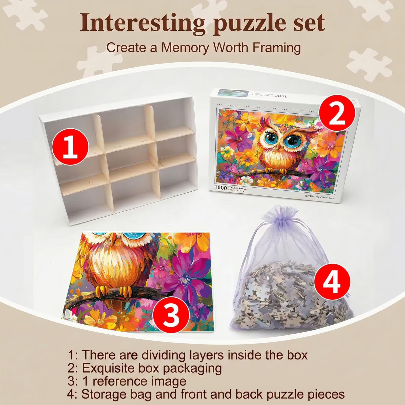 gufo Carino Puzzle 4000 Pezzi per Adulti, Puzzle in Legno - Collezione Classica con Poster Incluso - Sfida di Concentrazione e Passatempo Antistress, Gioco Educativo per Famiglia, 141 x 87 cm f0-723