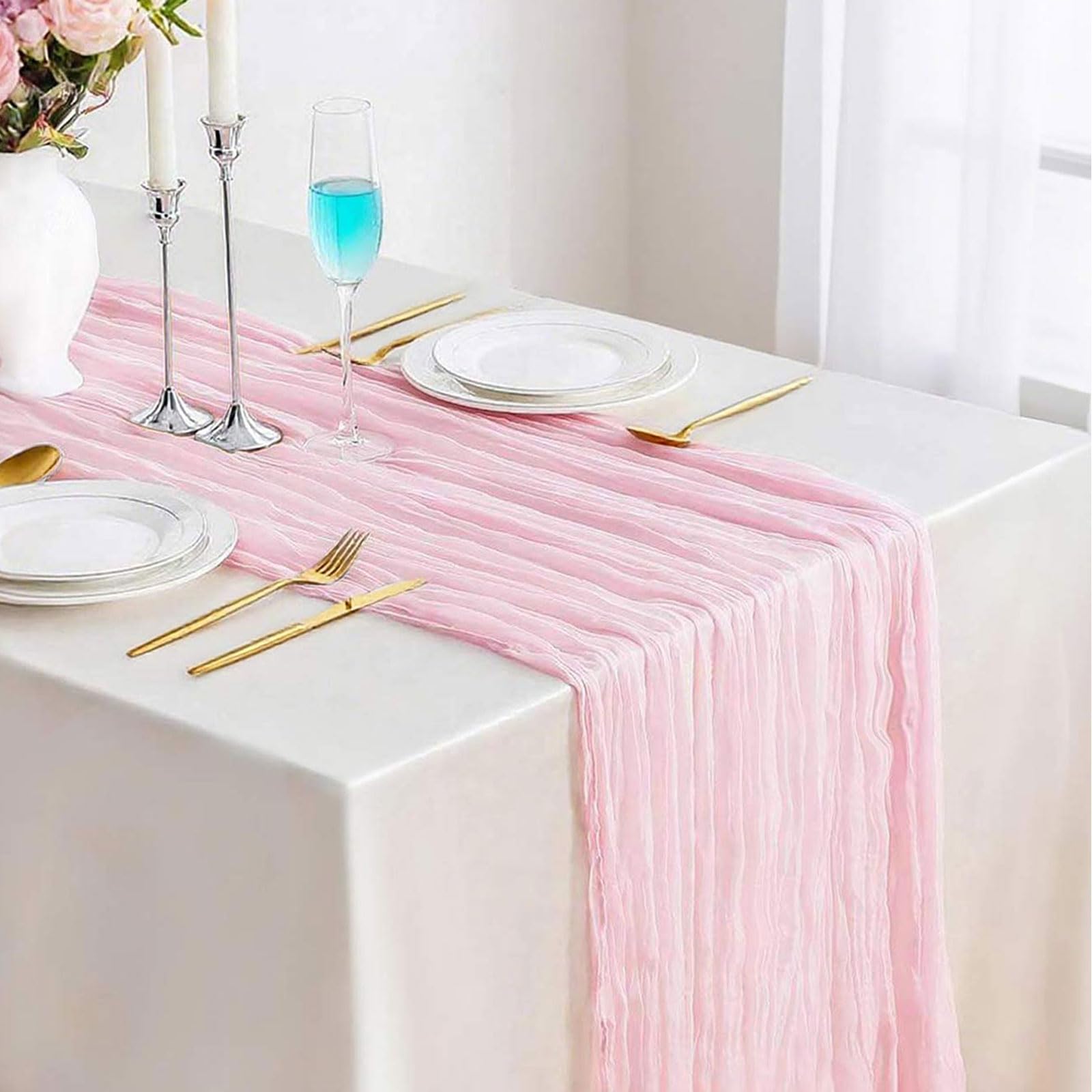 Photo 1 of 13.3FT TuTive Light Pink Cheesecloth Table Runner Boho Gauze Cheese Cloth Runner Sheer Table Runner Summer Wedding Dining Decorations for Holiday Birthday Baby Shower Event Table Decorations for Party