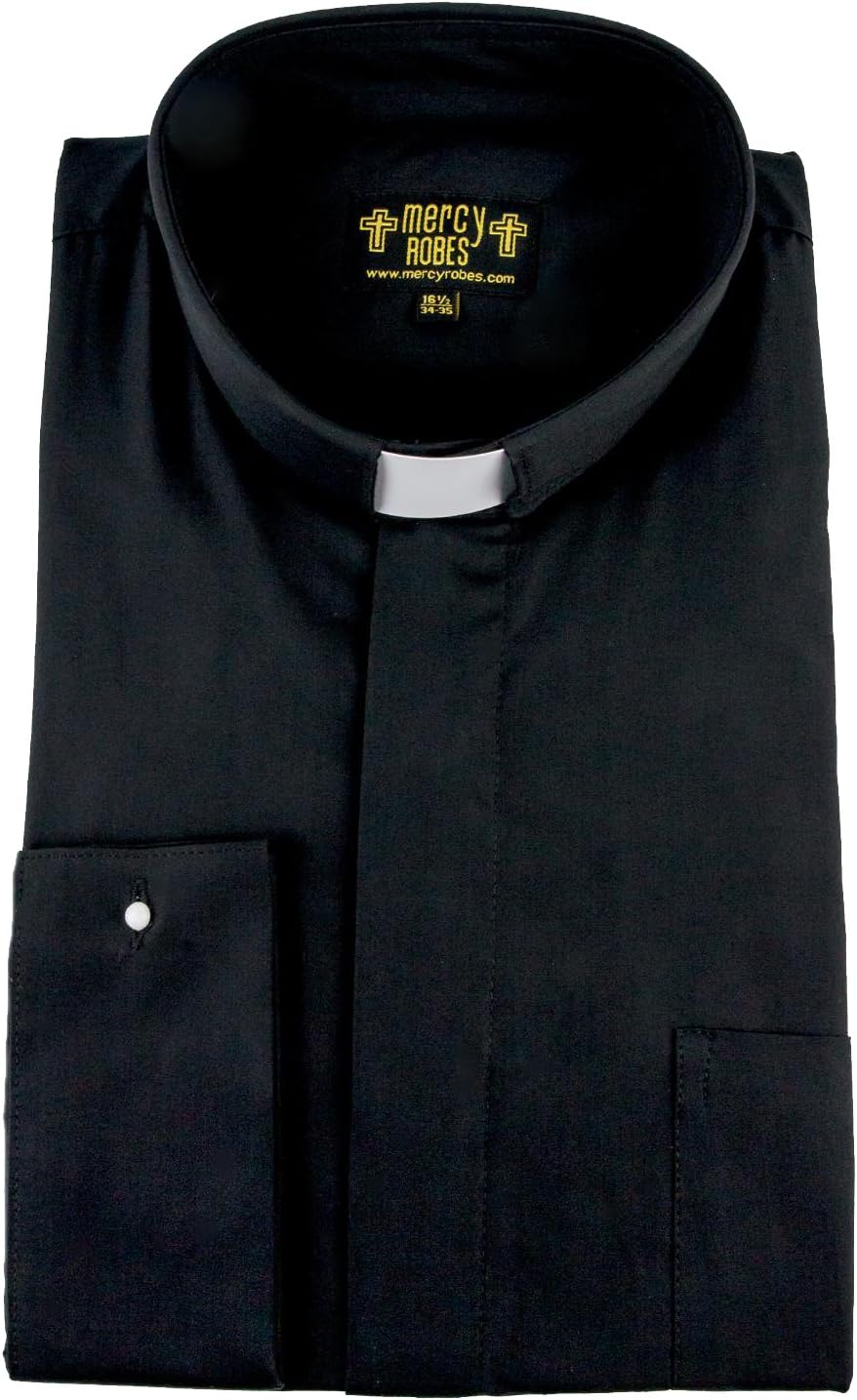 Mens Black Long Sleeve French Cuff TAB Collar Clergy Shirt (20" Neck 34/35" Sleeve, Black)
