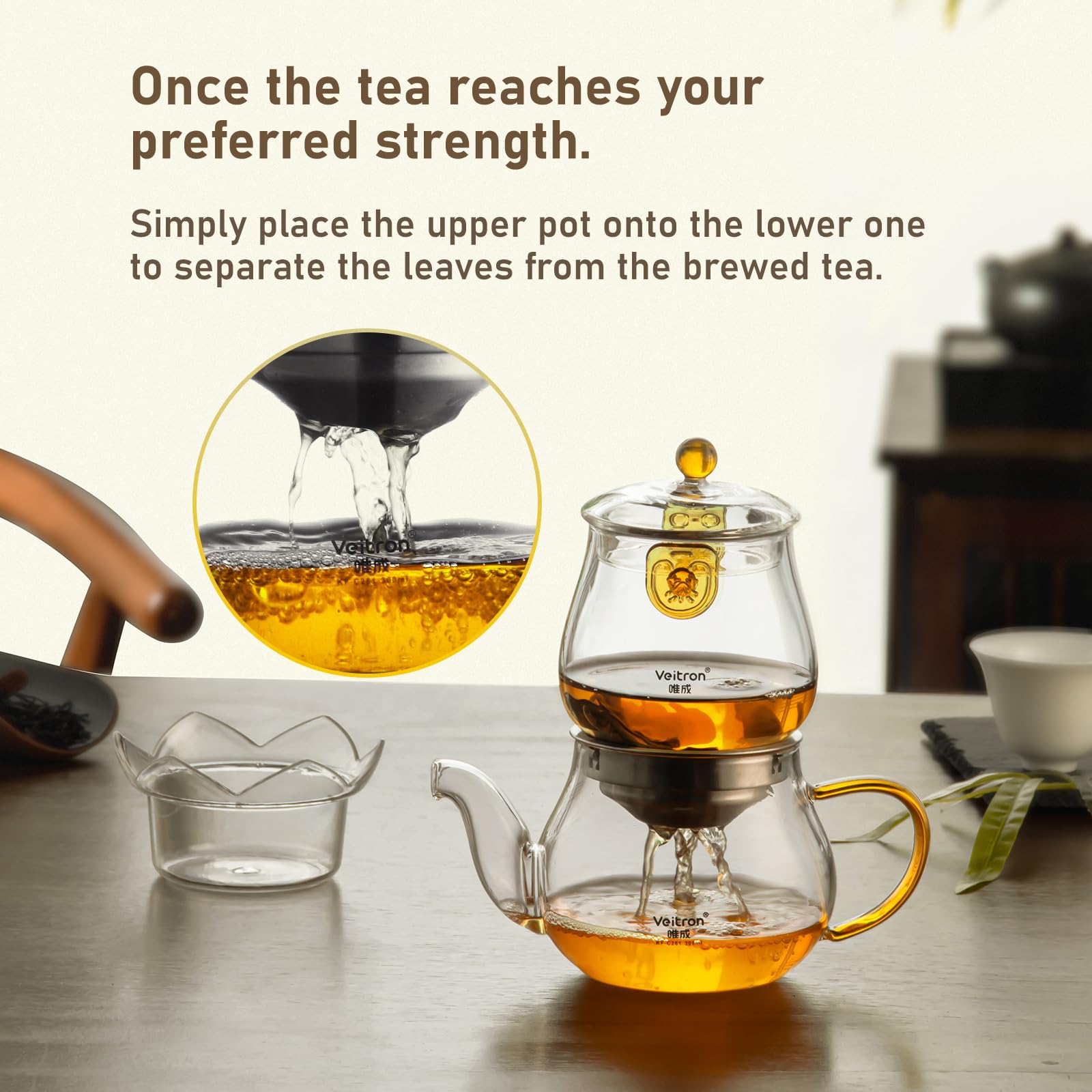 Veitron Easy to Soak Tea Pot, Total 560ml (18.94 oz) Glass Teapot with Base, Tea and Water Separation Magic Teapot for Stovetop, Home, Office or Solo Tea Drinking