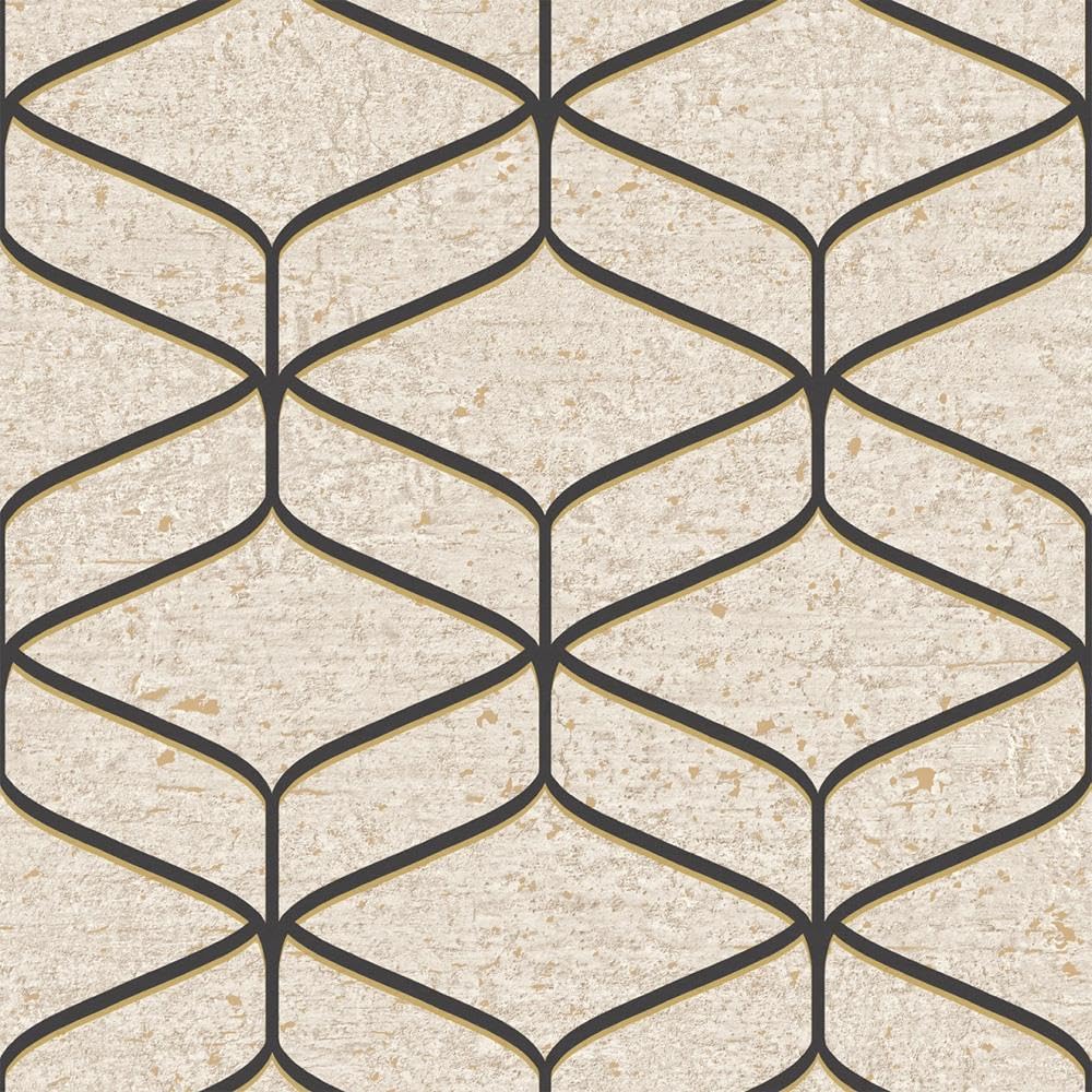 Yöl Cream Geometric Linear Concrete Cream Black Wallpaper - Metallic Effect Stylish Trendy Modern Contemporary Feature Wall