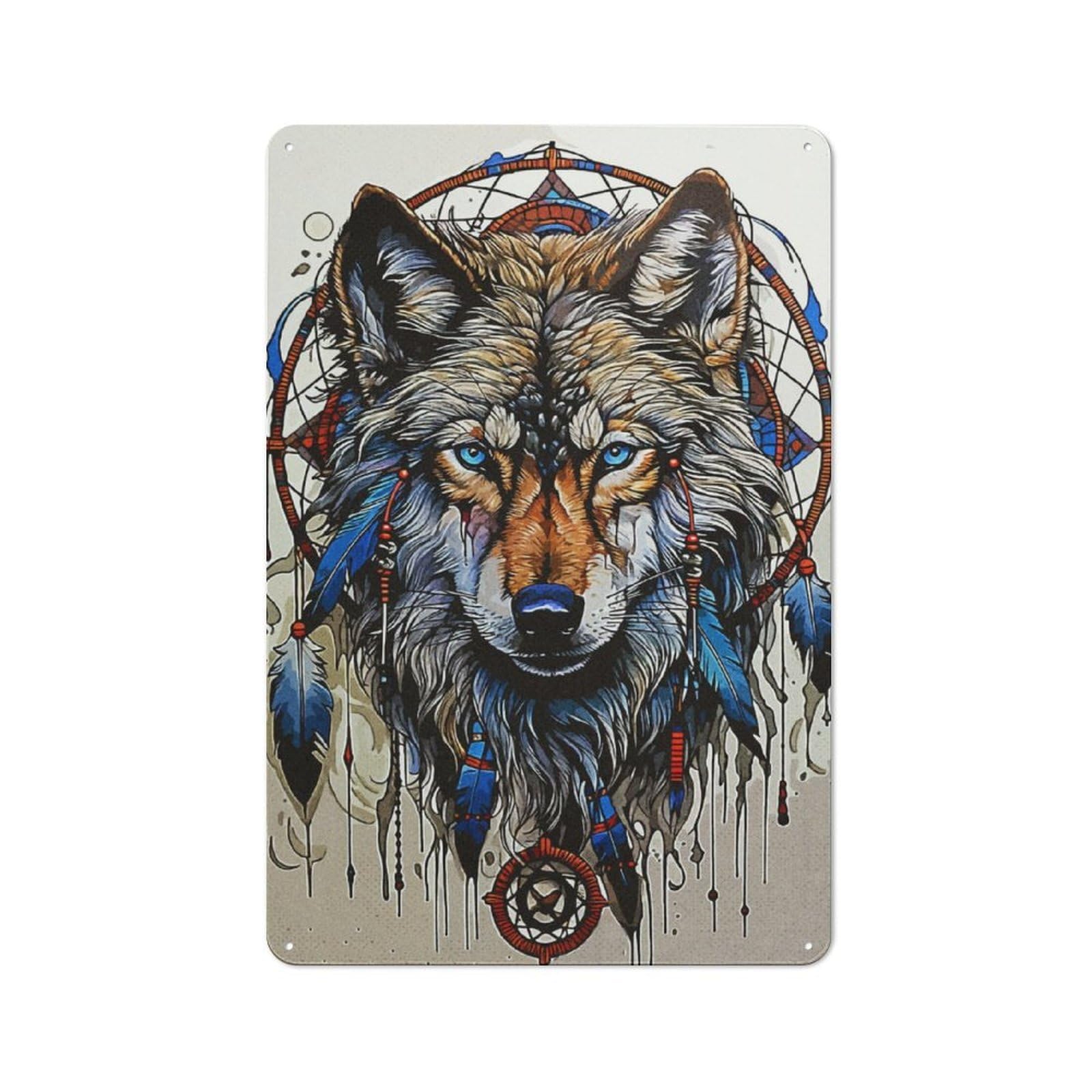 Dream Catcher Wolf Cottage Style Metal Wall Decor 30x20cm, Farmhouse Metal Sign for Kitchen, Cottage, Porch Or Garden Room