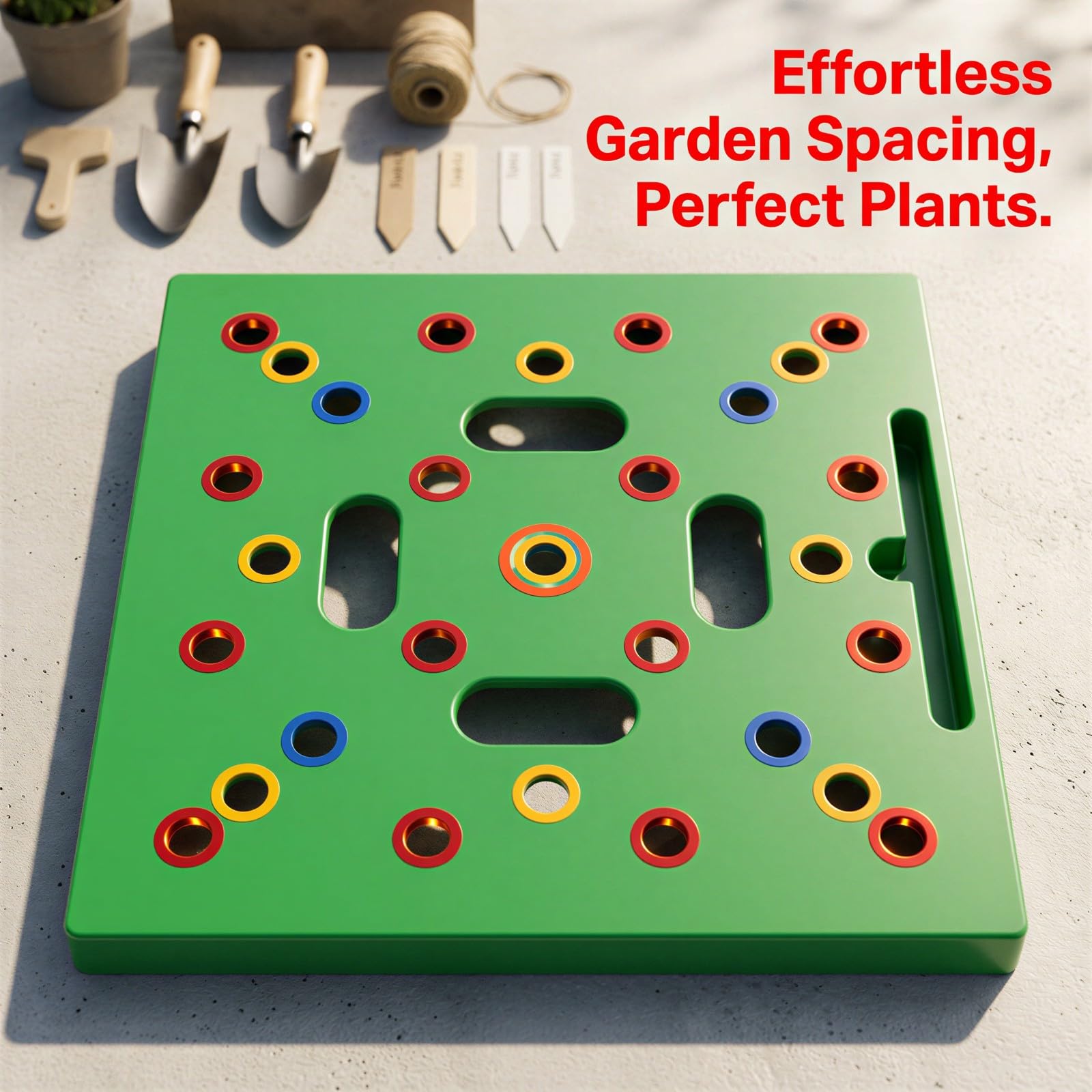 Pflanzabstandswerkzeug, 11,8 x 11,8 x 1,0 Zoll Square Foot Gardener mit farbcodierten Pflanzlöchern, Pflanzset mit Trichter und Dibber für Gemüsegarten und Anzuchtbeete