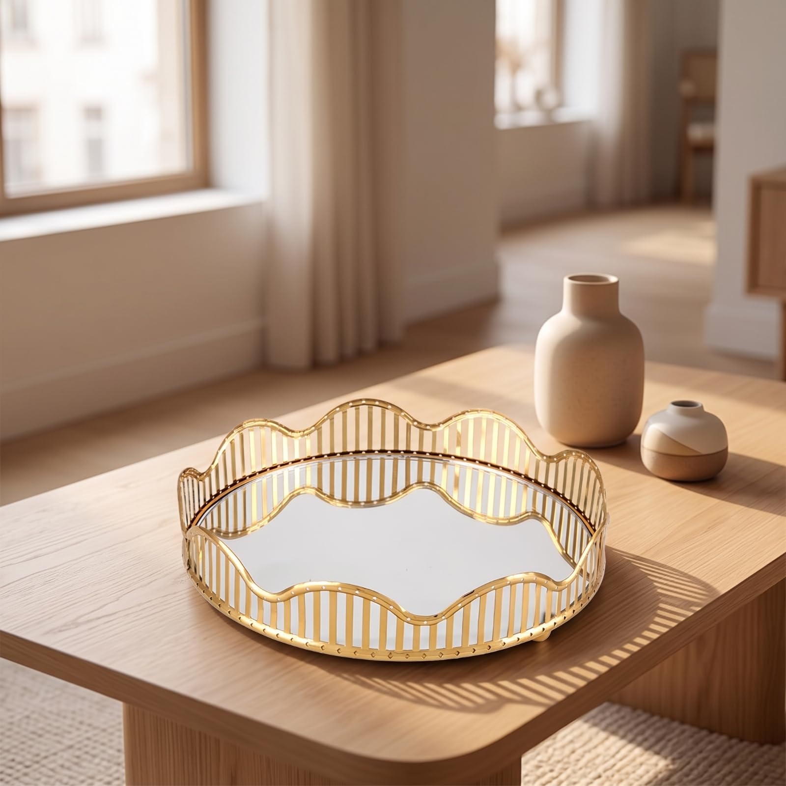 Qianly Banja corativa para Mesa Galvanizada Dorada, Banja con BOR Ondulado, para Recibidor, L