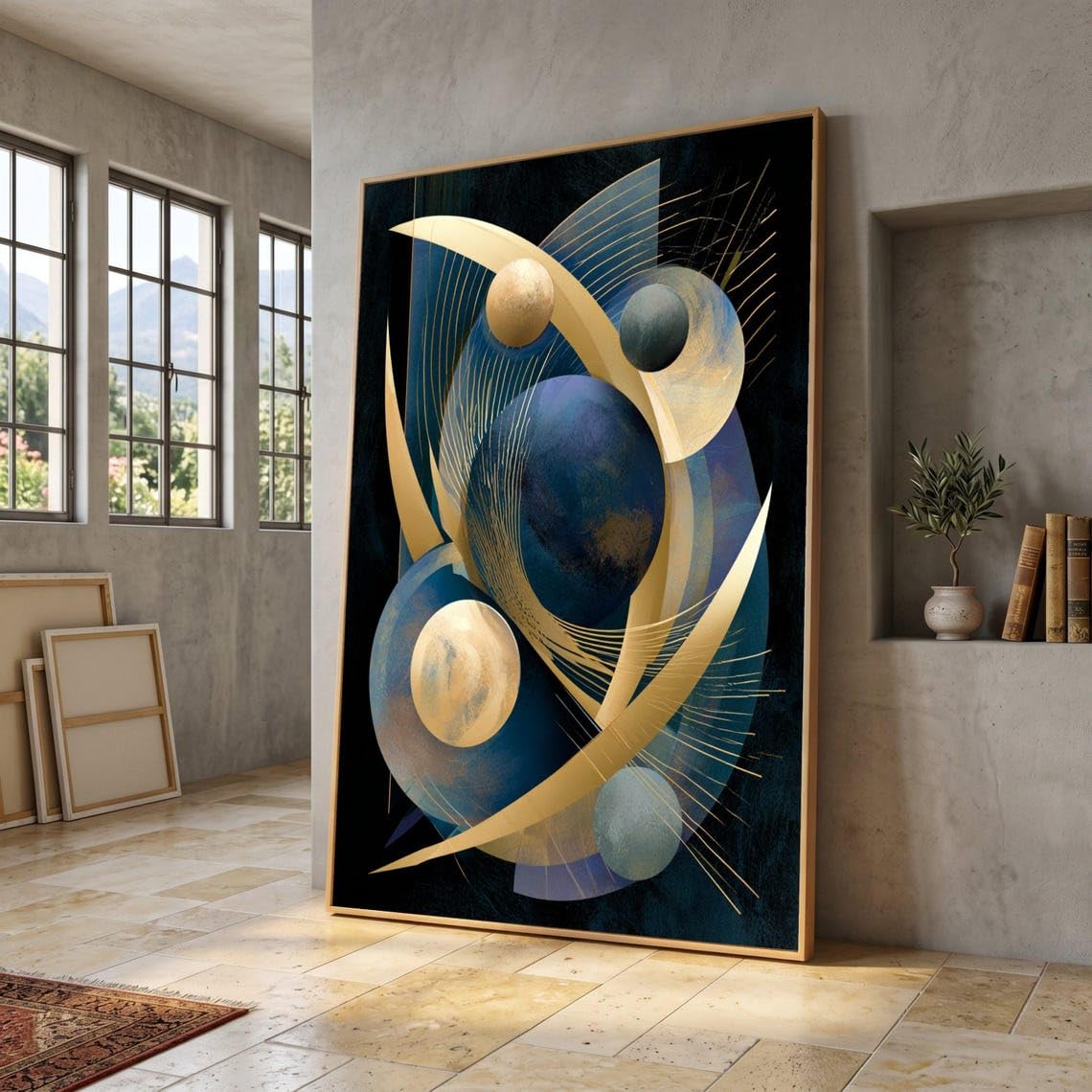 Tongyinli Internal Frame Abstract Spheres Painting Canvas Art, Gold Blue Geometric Design Prints, Contemporary Space Wall Decor(70X110cm/Internal Frame)