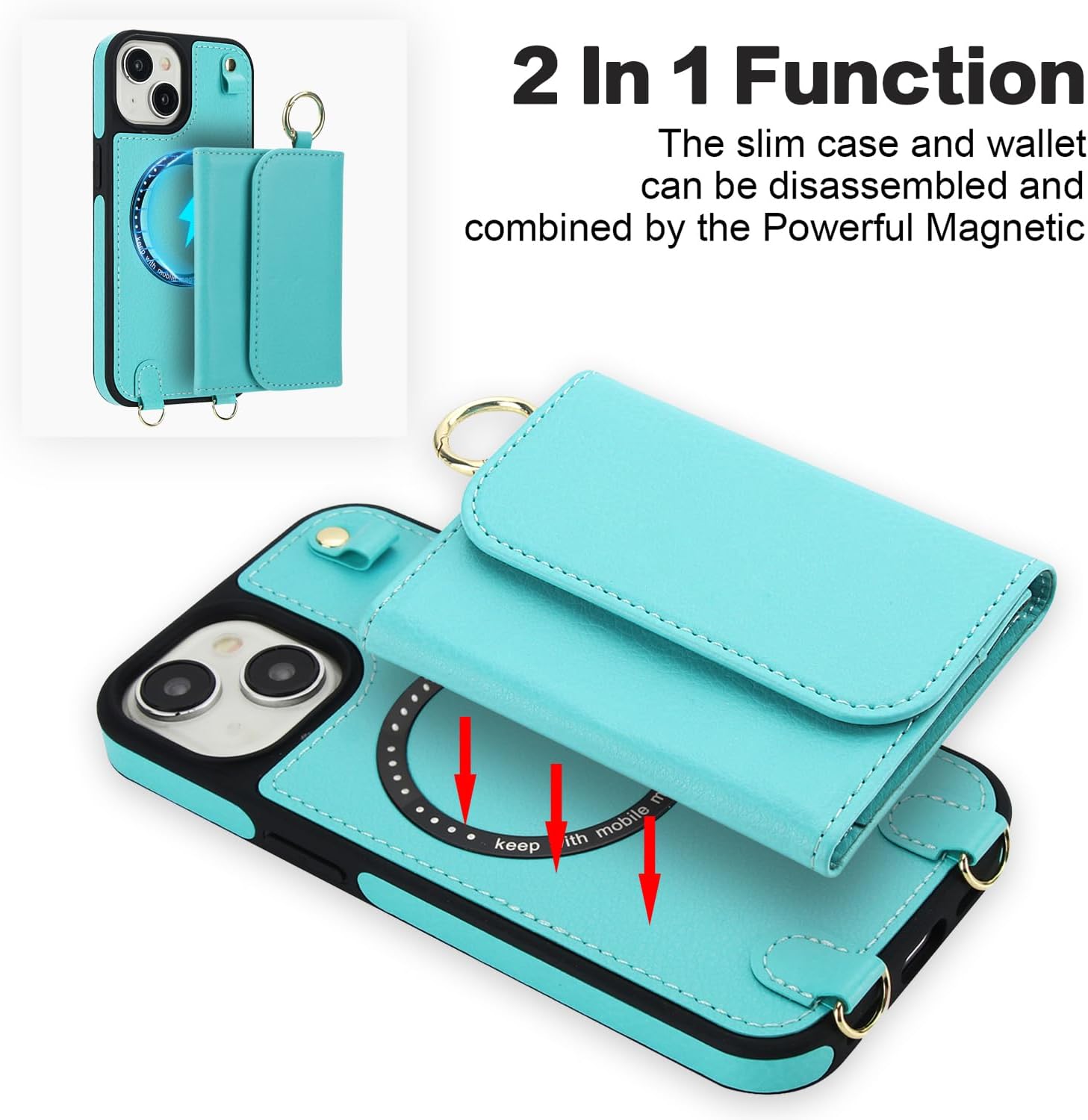 Phone Case for iPhone 15 Plus 6.7 inch Wallet Detachable Cover and Screen Protector Compatible with MagSafe Crossbody Lanyard Strap RFID Blocking Flip i Phone15 15+ i15 + 15Plus Women Men Green