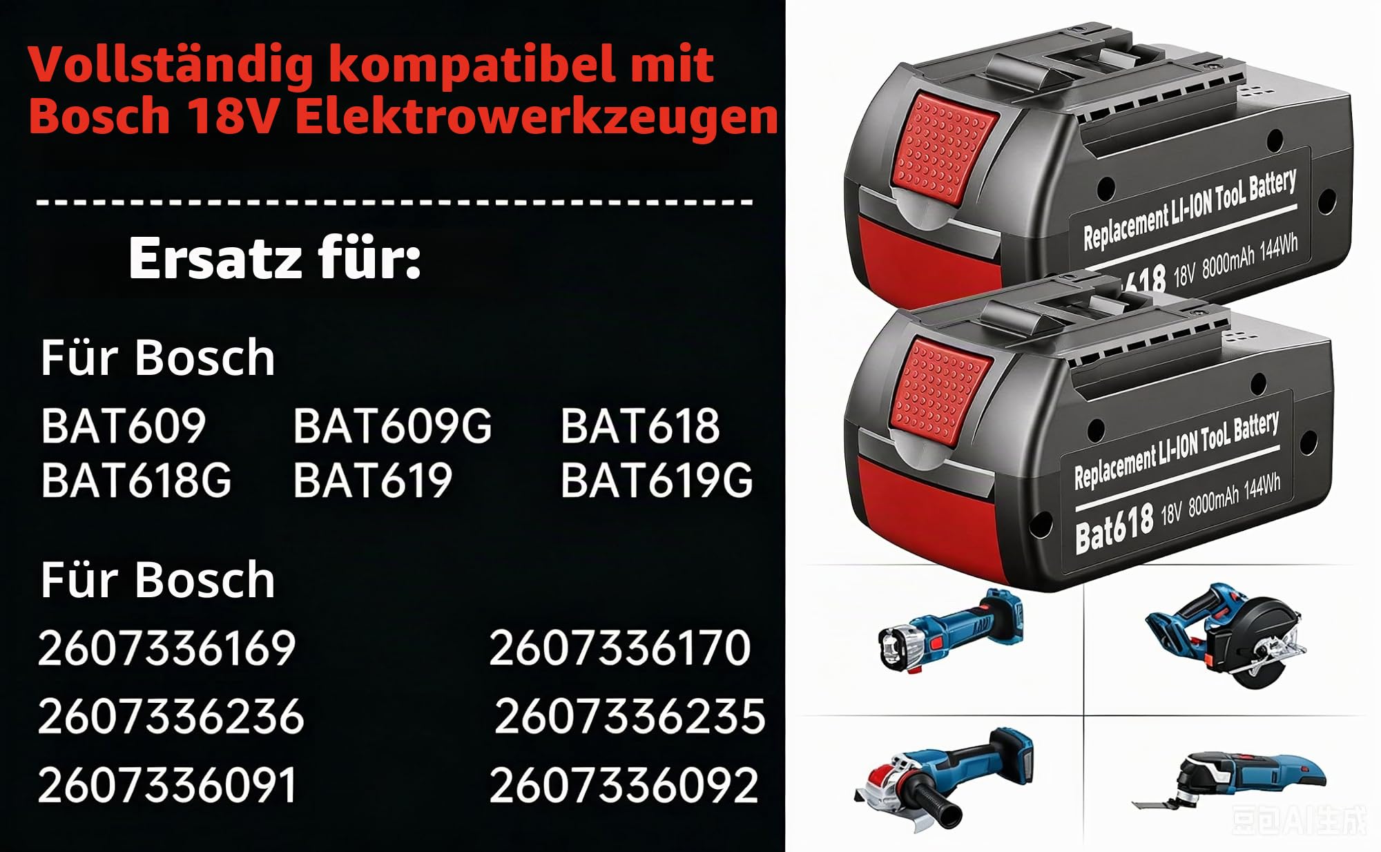2 X 18V 8.0Ah GBA Ersatzakku für Ersatzakku für Bosch akku 18V BAT618 | Premium Li-Ionen Werkzeugakku für für Bosch Professional 18V System BAT618G BAT609 BAT609G BAT619 BAT619G BAT610 Ersatzteile