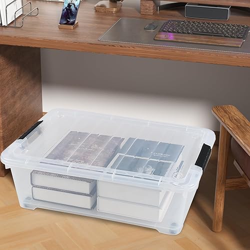 Miniatura 5 de 4 paquetes de contenedores de plástico de 20 L debajo de la cama con tapa y ruedas, contenedores organizadores apilables y encajables, caja de