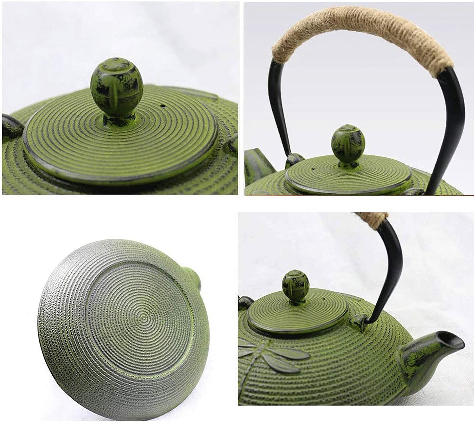 Tetera Cerámica Libélula Verde Tetera de Hierro Fundido Infusor de Acero Inoxidable para Té de Hojas Sueltas, Construcción Duradera, Interior Esmaltado, 800 ml,Verde