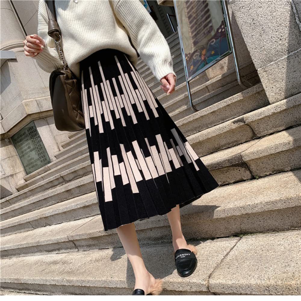 Faldas para Mujer Longitud Mediana, Falda De Punto A Rayas Faldas Plisadas Negras para Mujer Cintura Elástica Midi Falda Elegante De Talle Alto De Línea A Falda