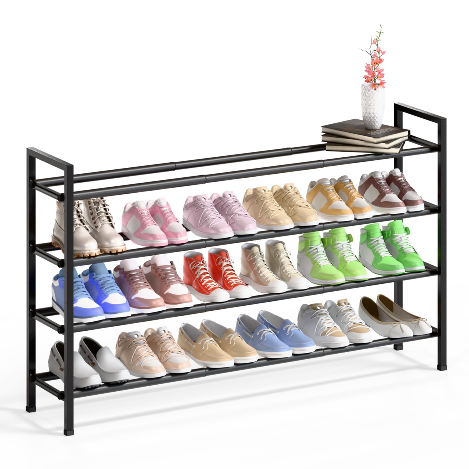 Bumusty 4-Tier Long Expandable Shoe Rack for Closet, 18"-44" Adjustable Shoe Rack for Entryway, 20-24 Pairs Large Shoe Organizer Shelf Storage, Sturdy Metal, Black