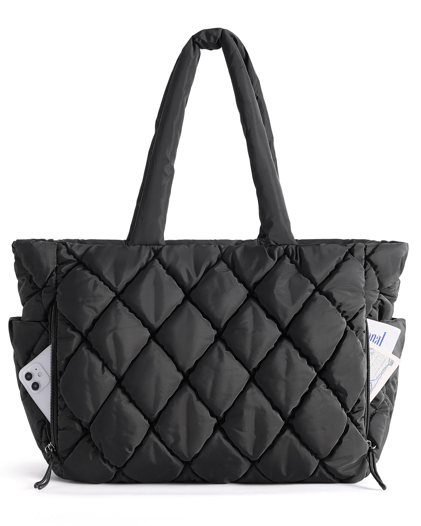 BAGSMART Tote Bag for Women, Quilted Puffer Tote Bag with Compartments, Shoulder Handbag Work Bag with Zipper for Travel