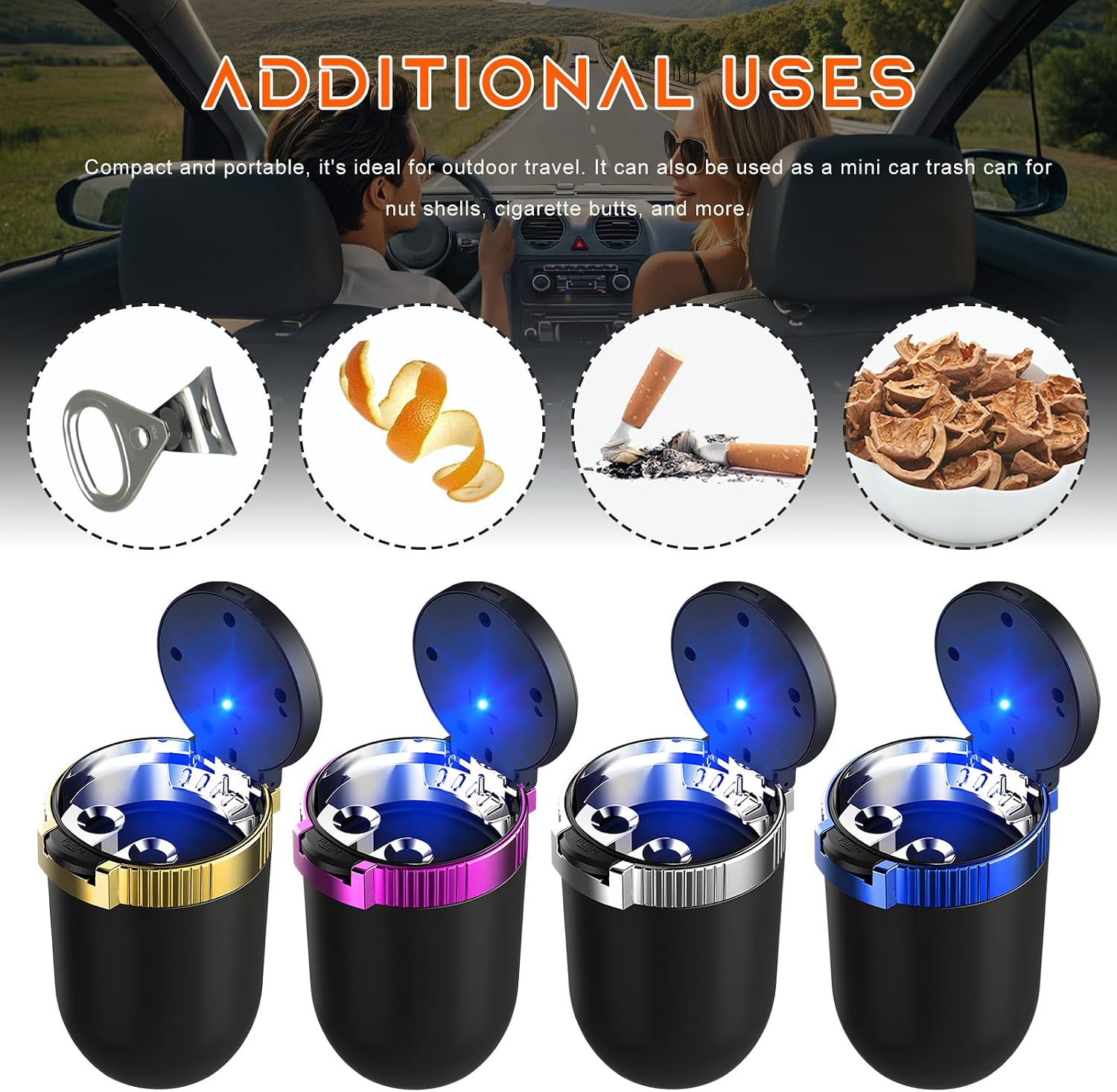 Car Ashtray with Lid, Smokeless Stainless Steel Cup Holder Ashtray with LED Light, Windproof Cigarette Ash Tray Detachable Trash Can for Vehicle Home Outdoor, Car Accessories (Blue)