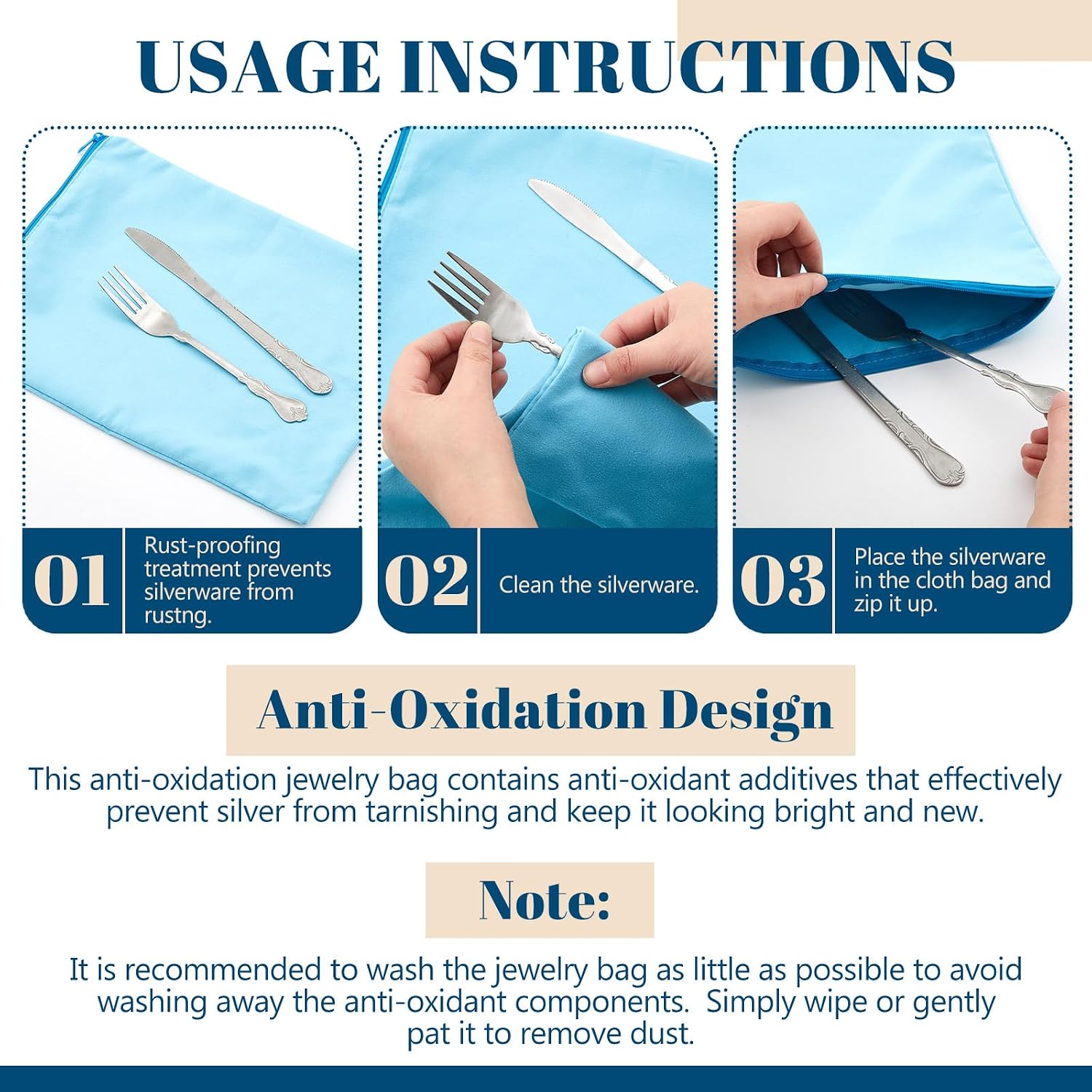 Shinylin 9 Pcs Zippered Silver Storage Bags 9 x 12, 15 x 15, 24 x 30 Anti Tarnish Silver Keeper Jewelry Storage Protector Bags Fabric Silverware Polishing Cloth for Jewelry Flatware(Blue Gray)