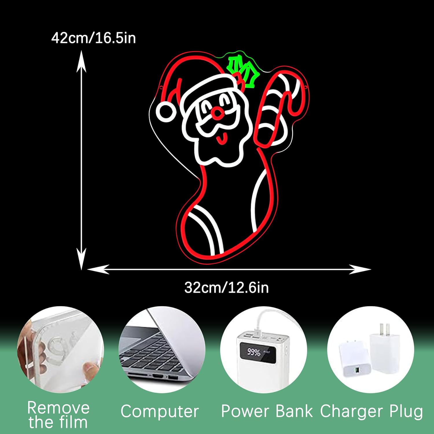 Merry Christmas Neon Sign Dimmable Santa Claus In Stockings Neon Light USB Powered Holly Led Light up Sign for Christmas Eve Party New Year Home Bar(16.5 * 12.6 In) - Image 2