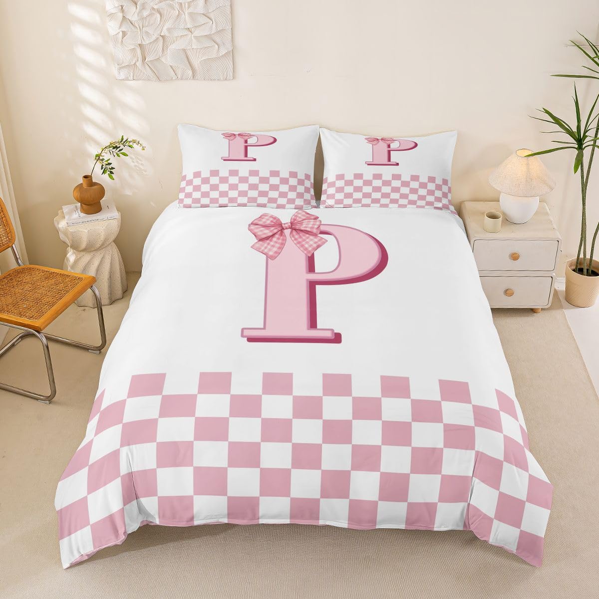 Homewish Białe i różowe zestawy poszewek na kołdrę w rozmiarze king size geometryczne siatki w kratę inicjał P pościel dla dorosłych nastolatków kobiet wstążka muszka estetyczna poszewka na kołdrę