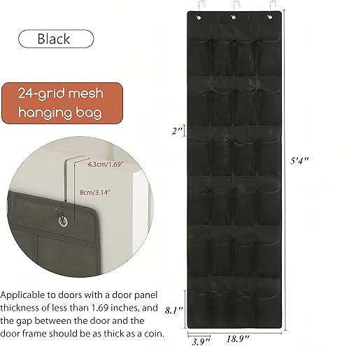 Miniatura 5 de Organizador de zapatos de 64 x 19 pulgadas para colocar sobre la puerta con 24 bolsillos de malla y 3 ganchos, almacenamiento plegable para zapatos,