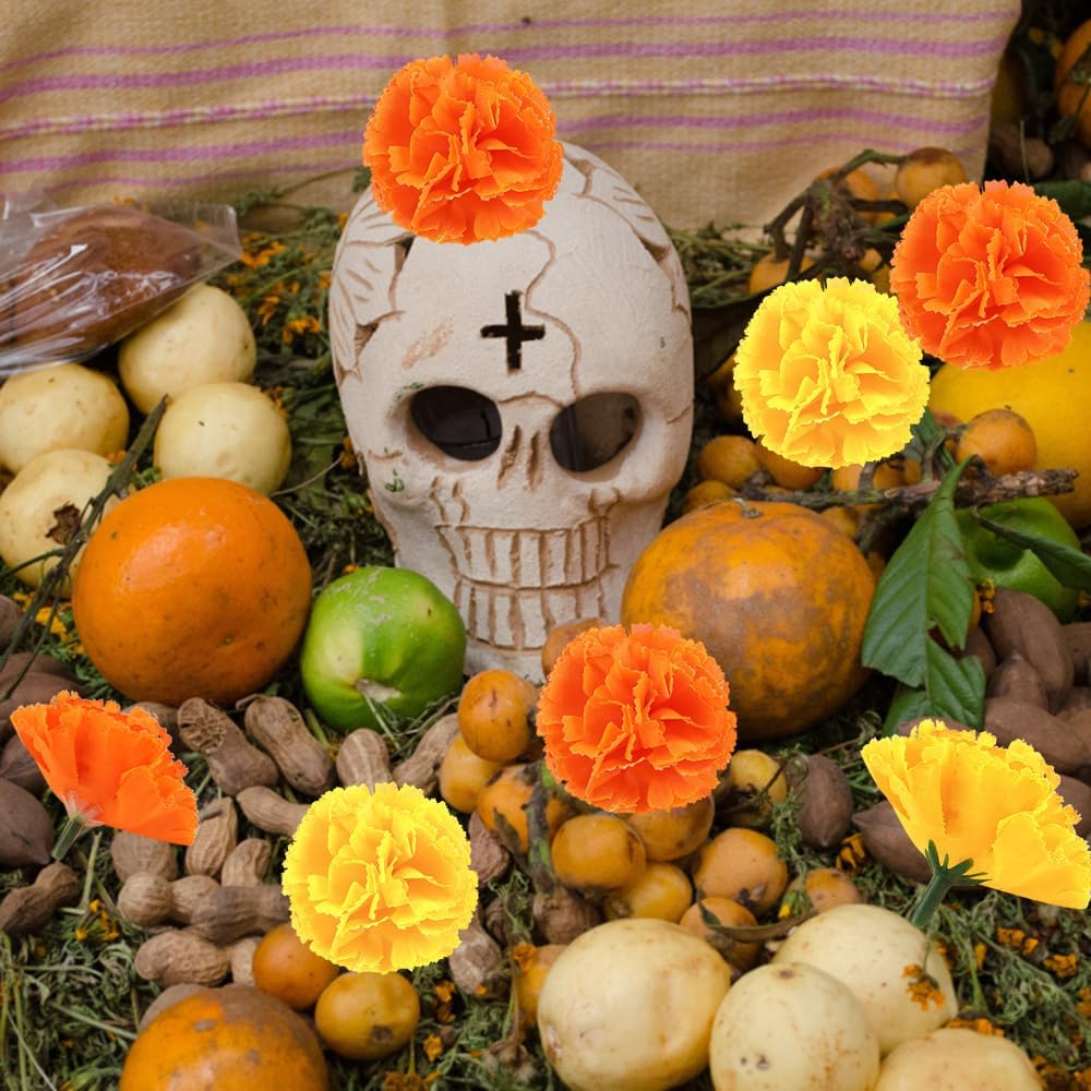 50 Pcs Marigold Flower Heads Bulk, Artificial Mexican Flowers Silk Fake Marigold Heads with Stems for Diwali Day, Day of The Dead, Wreath Garland(Yellow & Orange) - Image 2