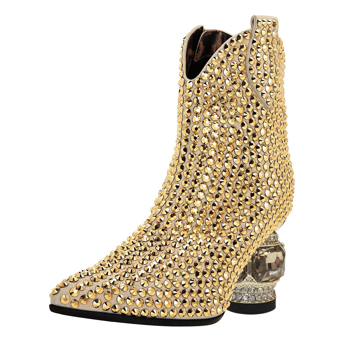 FSJ Women Classic Pointed Toe Studded Rhinestone Ankle Boots Crystal Block Mid Heel Pull On Ladies Unique Style Shoes Size 4-16 US