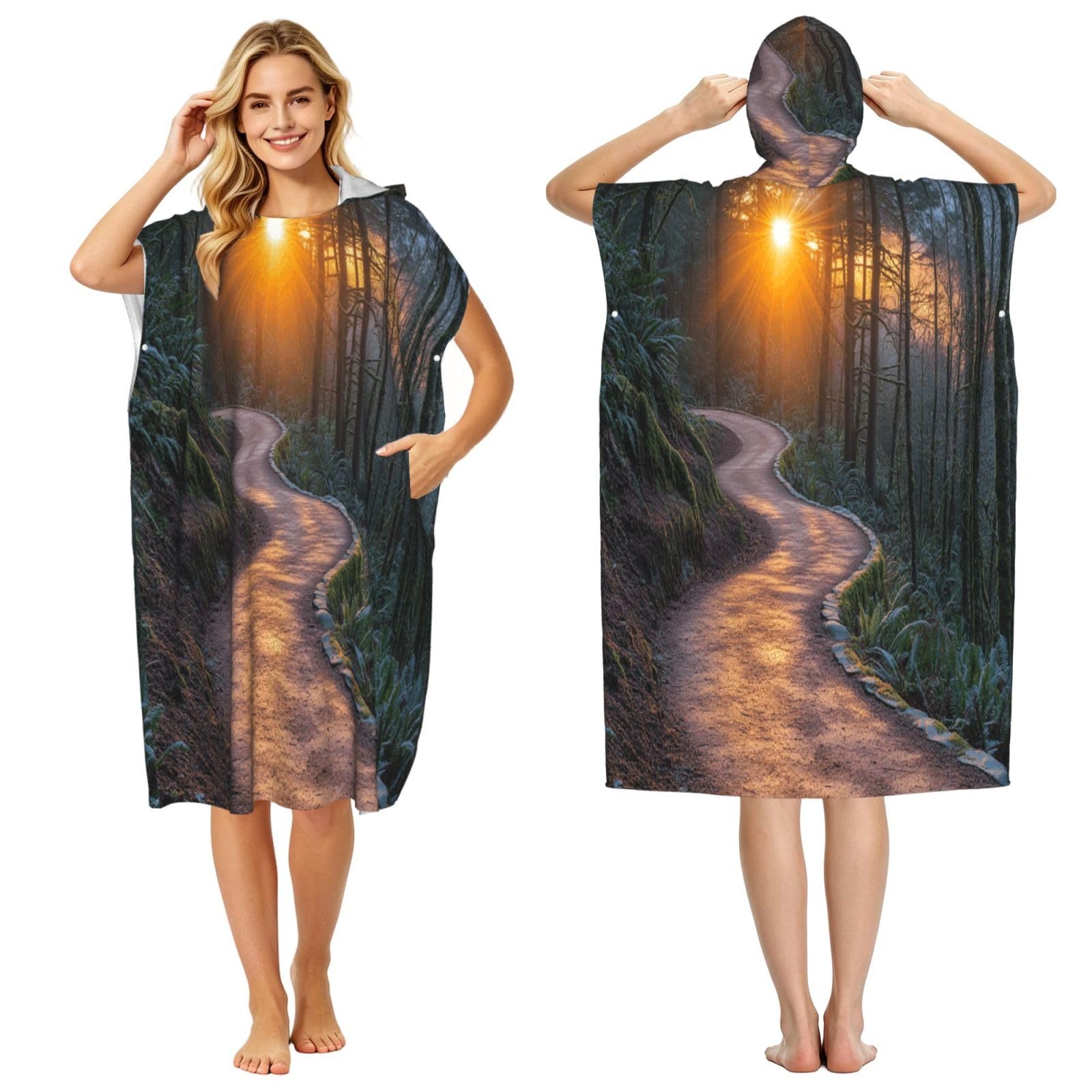 DTHKJNLSF Sunset Mountain Forest Adult Hooded Beach Poncho Towel