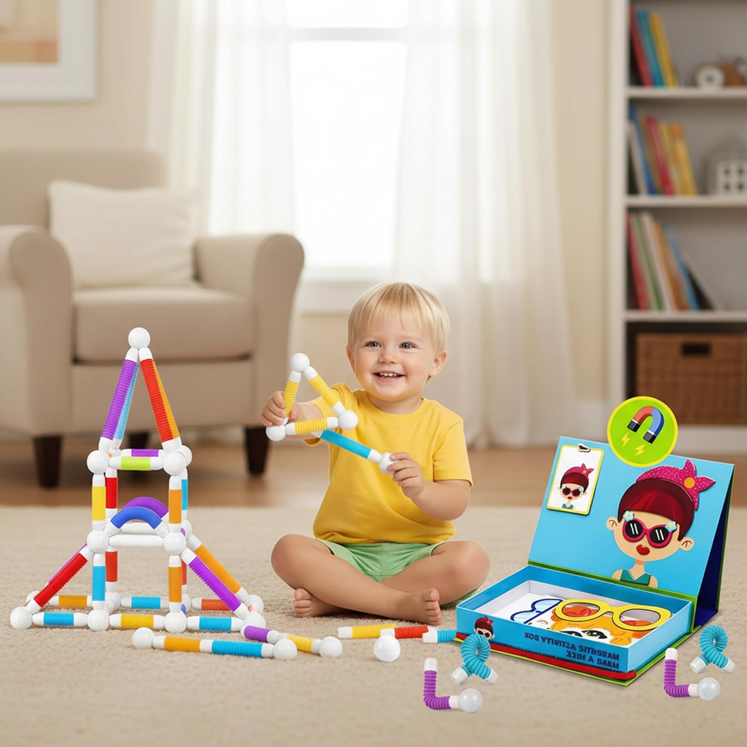 Magnetic Puzzles for Kids + Flexible Magnetic Tubes Set, Educational Dress-Up & STEM Learning Activity Kit, Fun Travel Toy for Toddlers 1-12, Creative Magnetic Builder Bundle