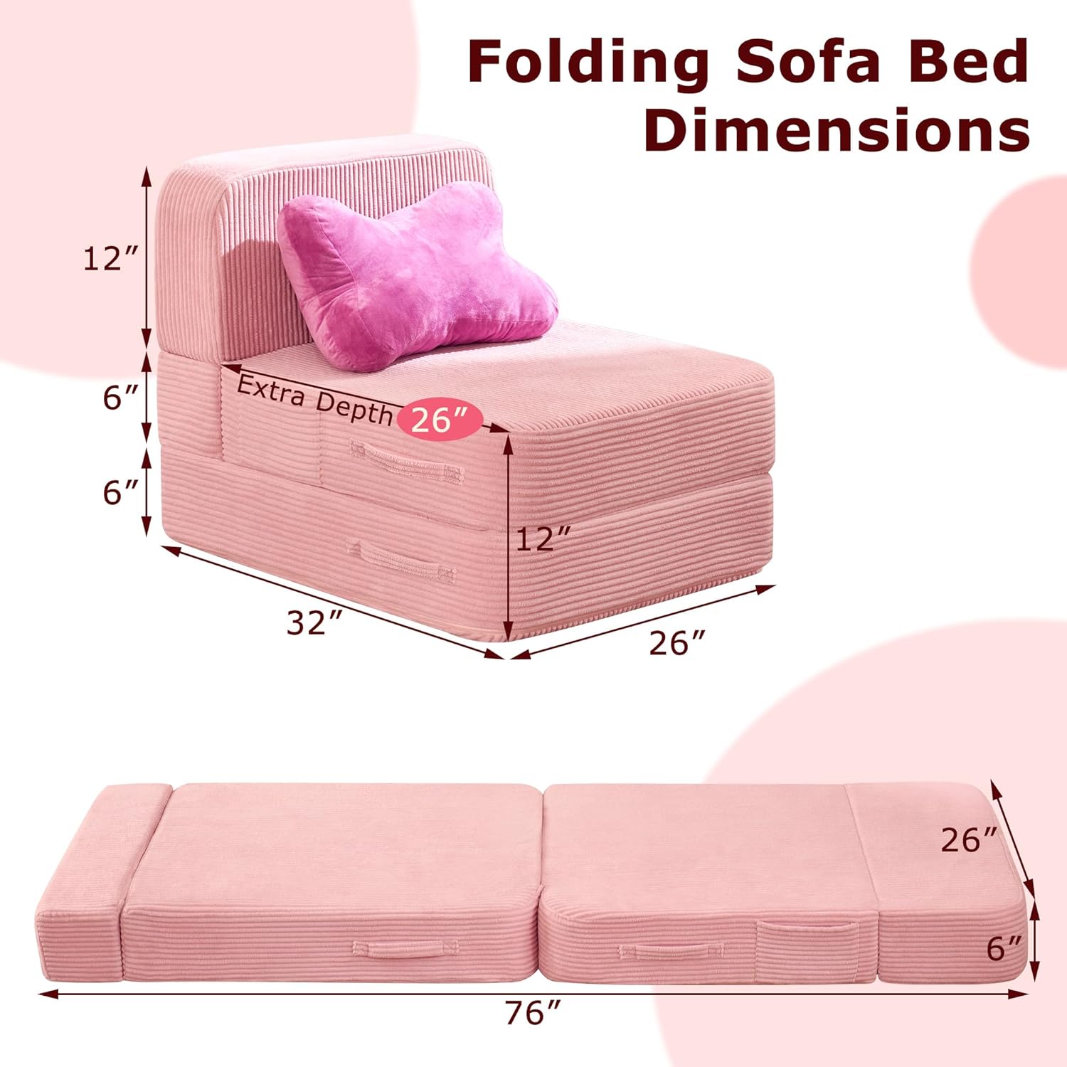 Folding Sofa Bed, Convertible Sleeper Chair Pull Out Bed, 3 in 1 Floor Couch, Corduroy Fabric, Single, Pink, with Pillow