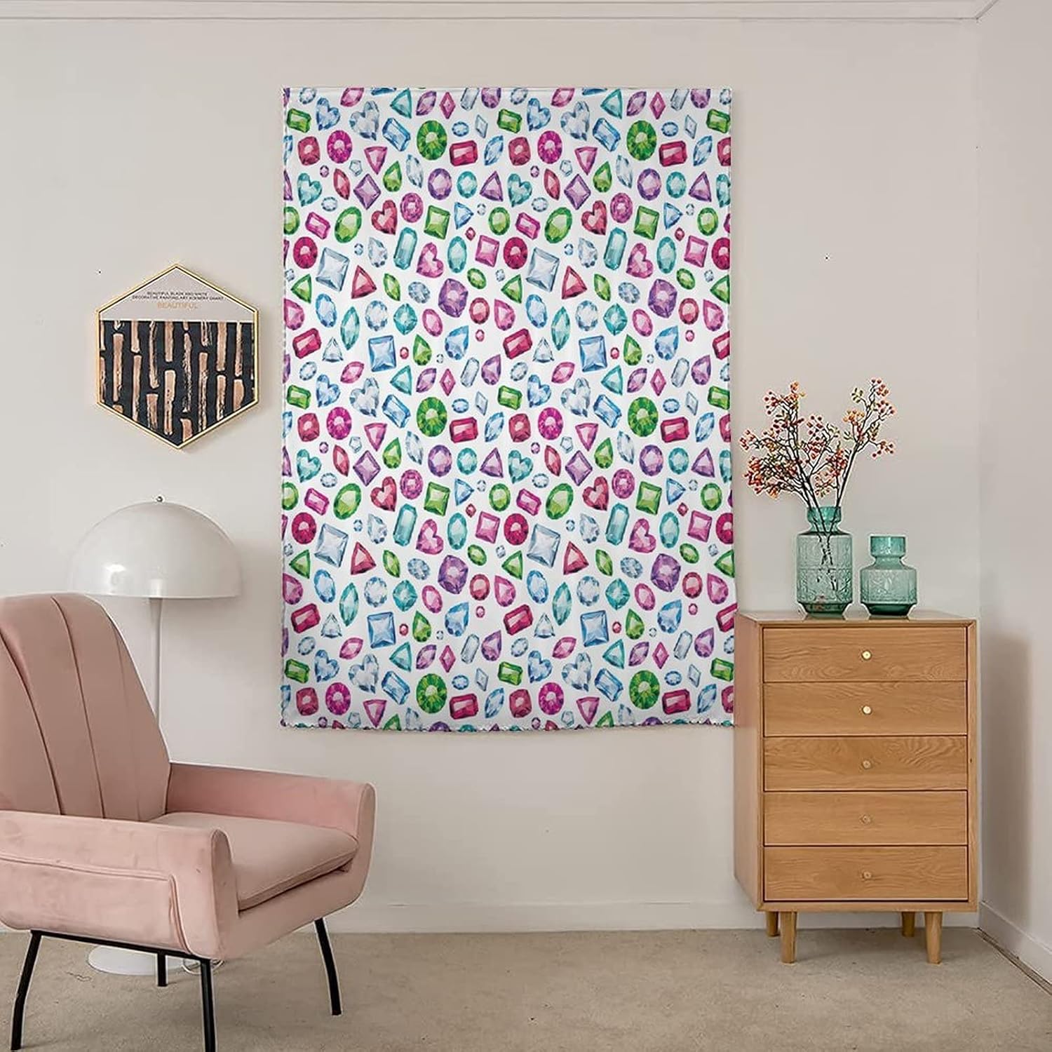 XISUNYA Self Adhesive Portable Blackout Curtains, Diamond Room Darkening Curtains, Heart and Geometrical Colorful Diamonds Precious Gemstones Crystals Print Temporary Blackout Blinds,59W x72L Inch