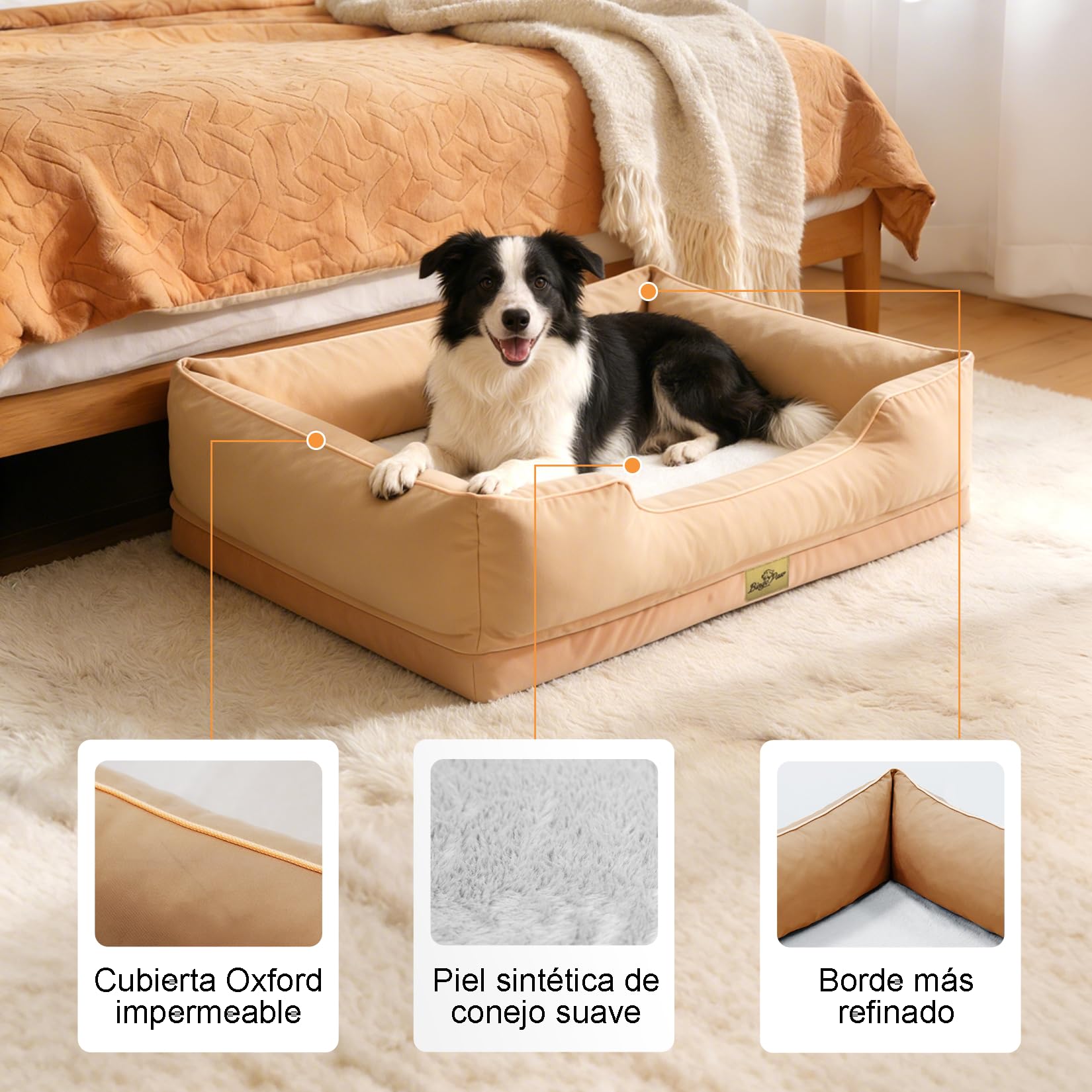 BingoPaw Cama Perro Ortopédica Extra Grande 105x75x21cm, Sofá Perro con Funda Desenfundable y Lavable, Colchon Perro con Superficie Impermeable y Fondo Antideslizante, Beige, XL