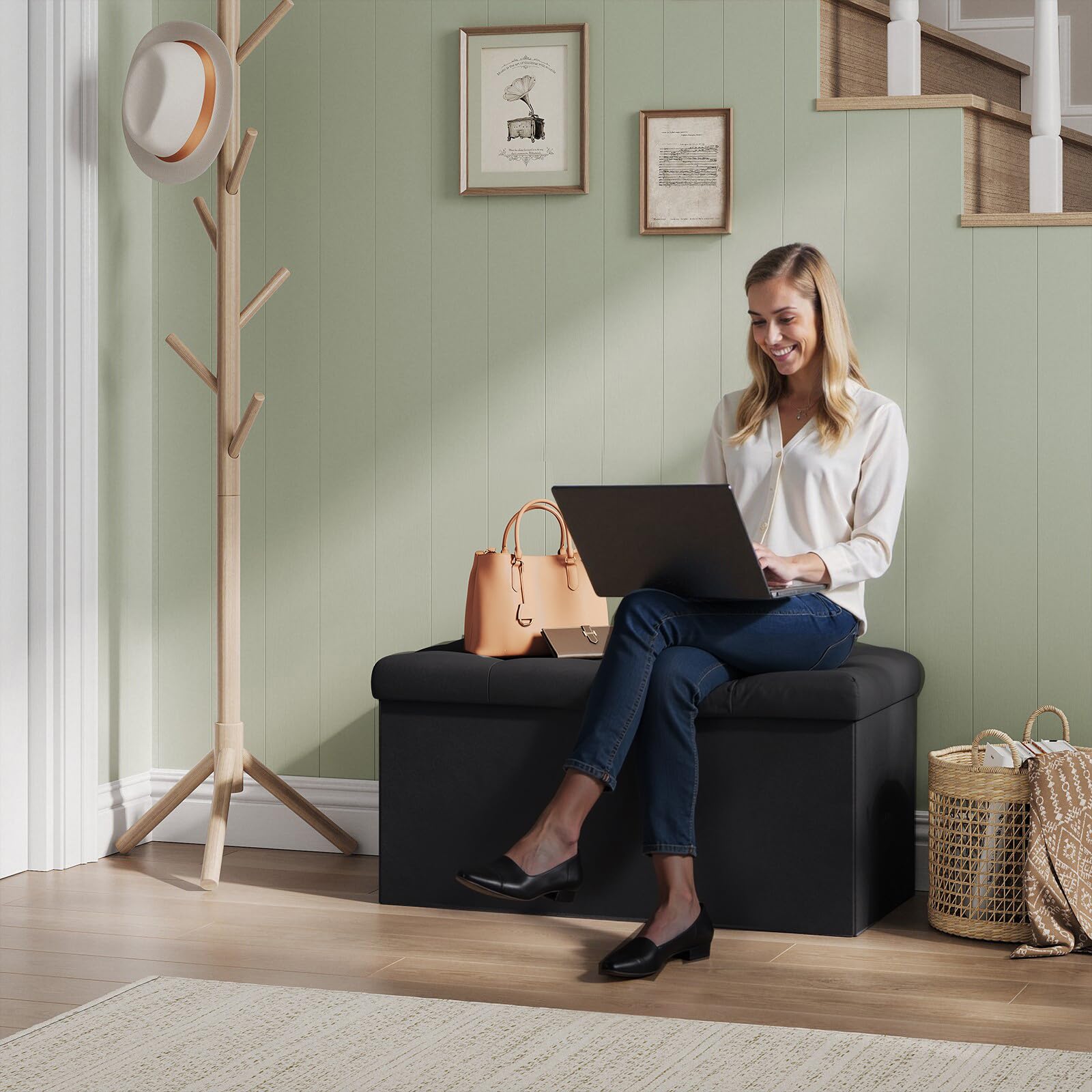 WOLTU Banc de Rangement en Velours, Tabouret Pouf Pliable, Capacité de Charge 300 kg, 80 L 76x37,5x38 cm Noir
