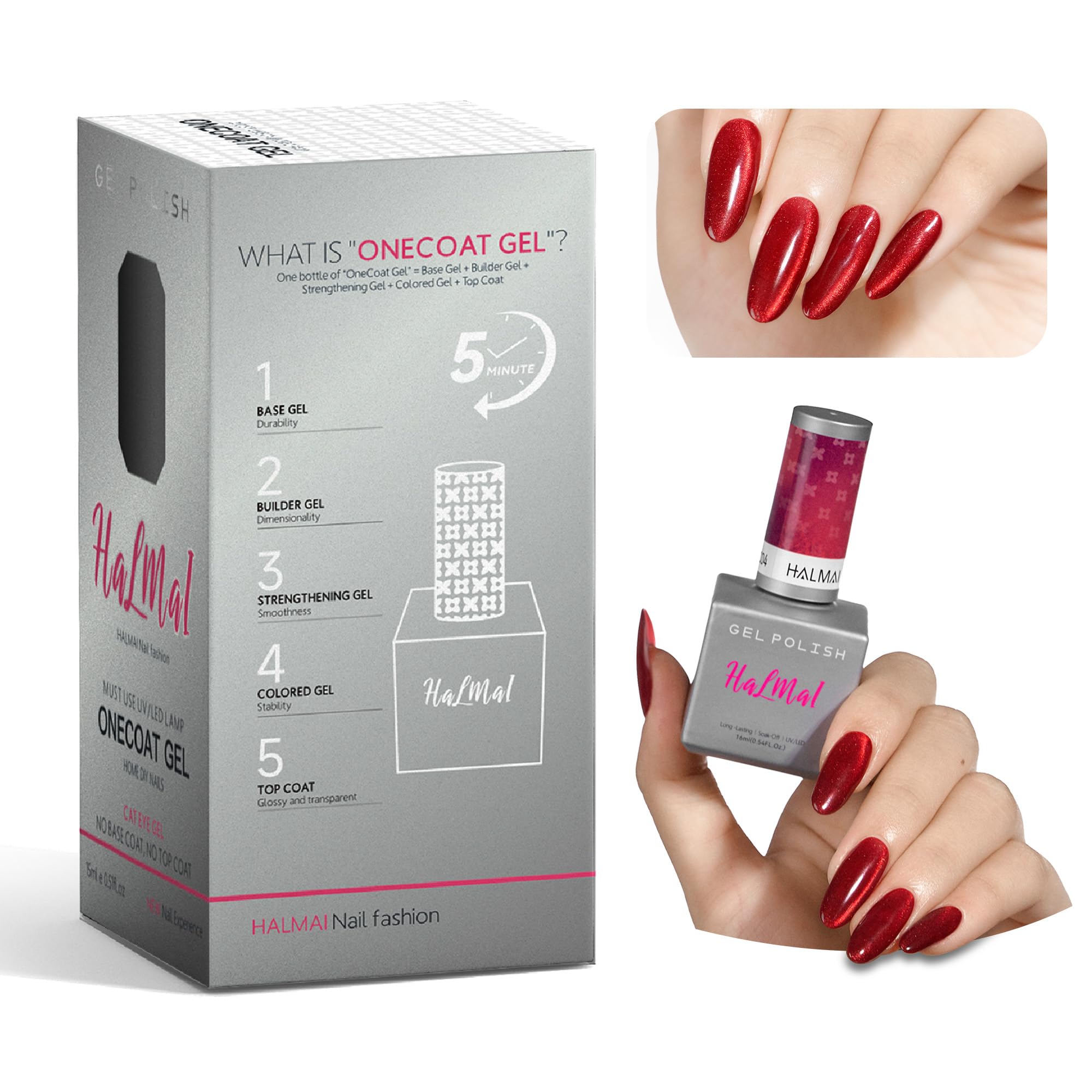 HALMAI Smalto Semipermante Cat Eye OneCoat con Magnete 5 in 1 per Unghie (Base, Colore, Ricostruzione, Rinforzante, Top Coat) -Regalo per Unghie Fai da Te, Ideale per Principianti & Casa (Rosso)