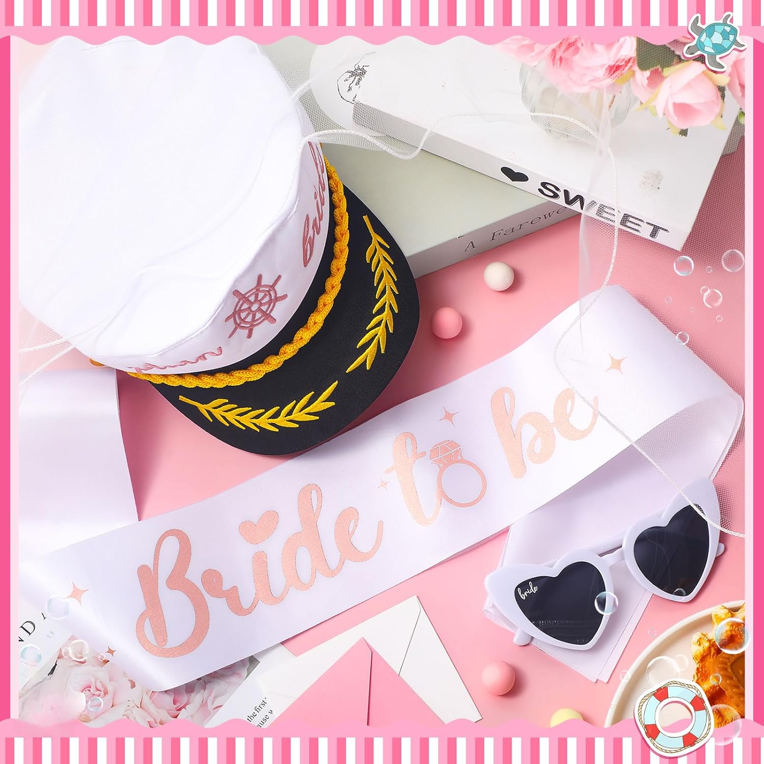 JaGely Bride Captain Hat with Veil, Bachelorette Sash & Sunglasses for Bridal Shower Bachelorette Party Decor Accessories(Bride to Be)