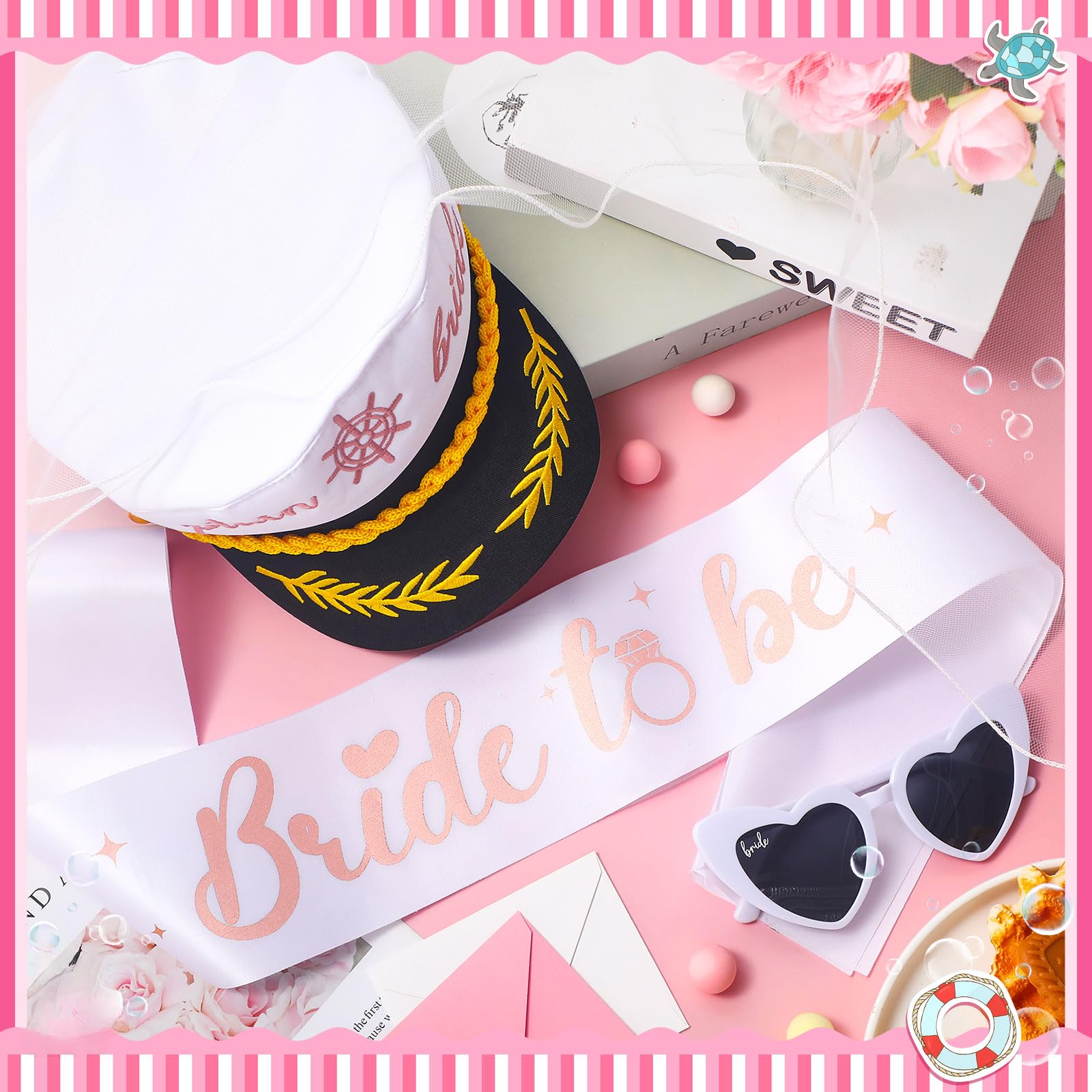 JaGely 4 accesorios de despedida de soltera para novia, sombrero de capitán con velo, gafas de sol para despedida de soltera, boda