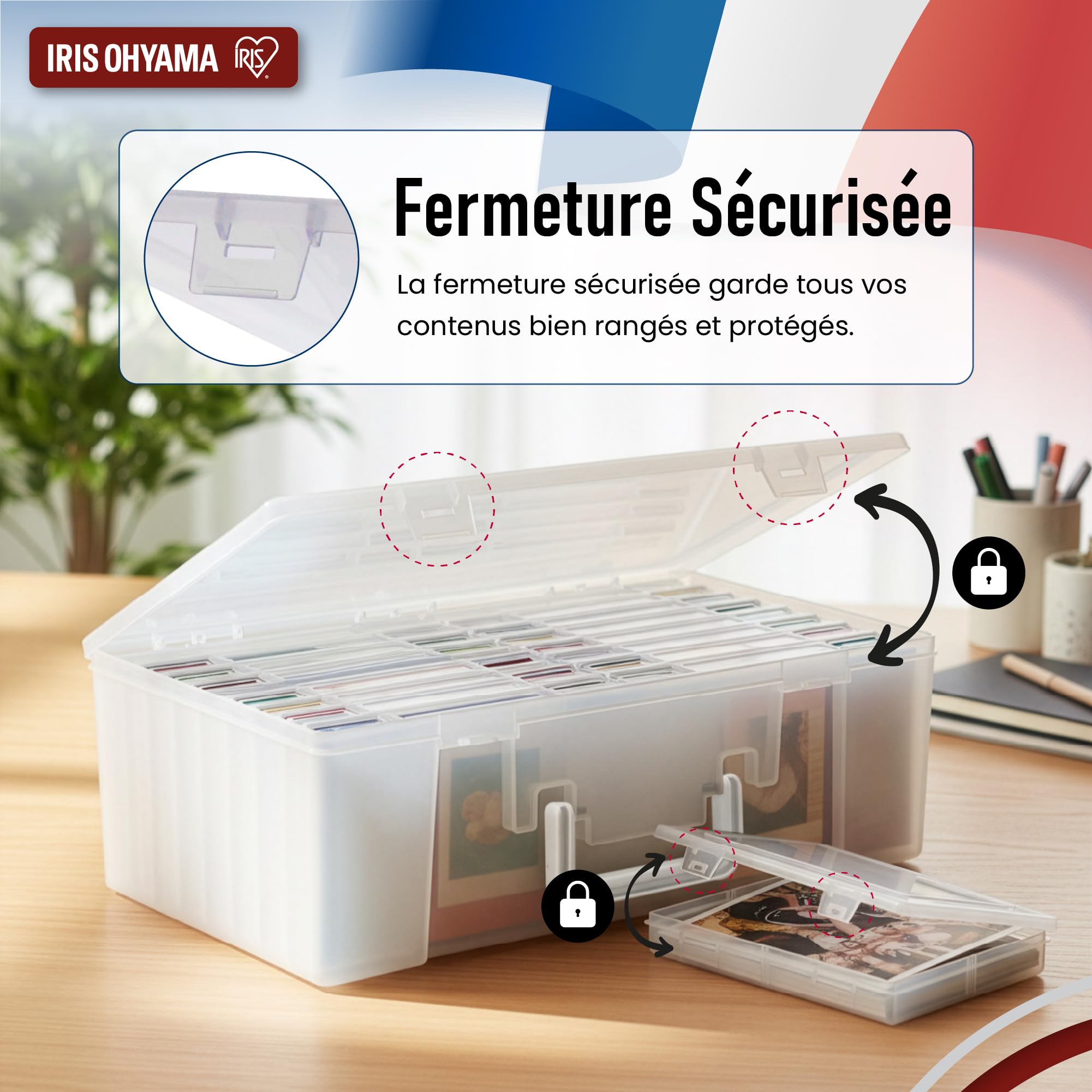 Iris Ohyama, Caja de almacenamiento de fotos con 16 cajas interiores, 2, capacidad 3200 fotos, apilable con asa y cierre seguro, sin BPA, KP-XLPHO16