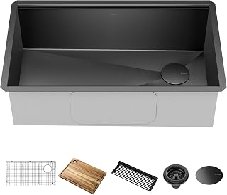 KRAUS Kore Workstation 32-inch Undermount 16 Gauge Black Stainless Steel Single Bowl Kitchen Sink in PVD Gunmetal Finish with Accessories, KWU110-32/PGM