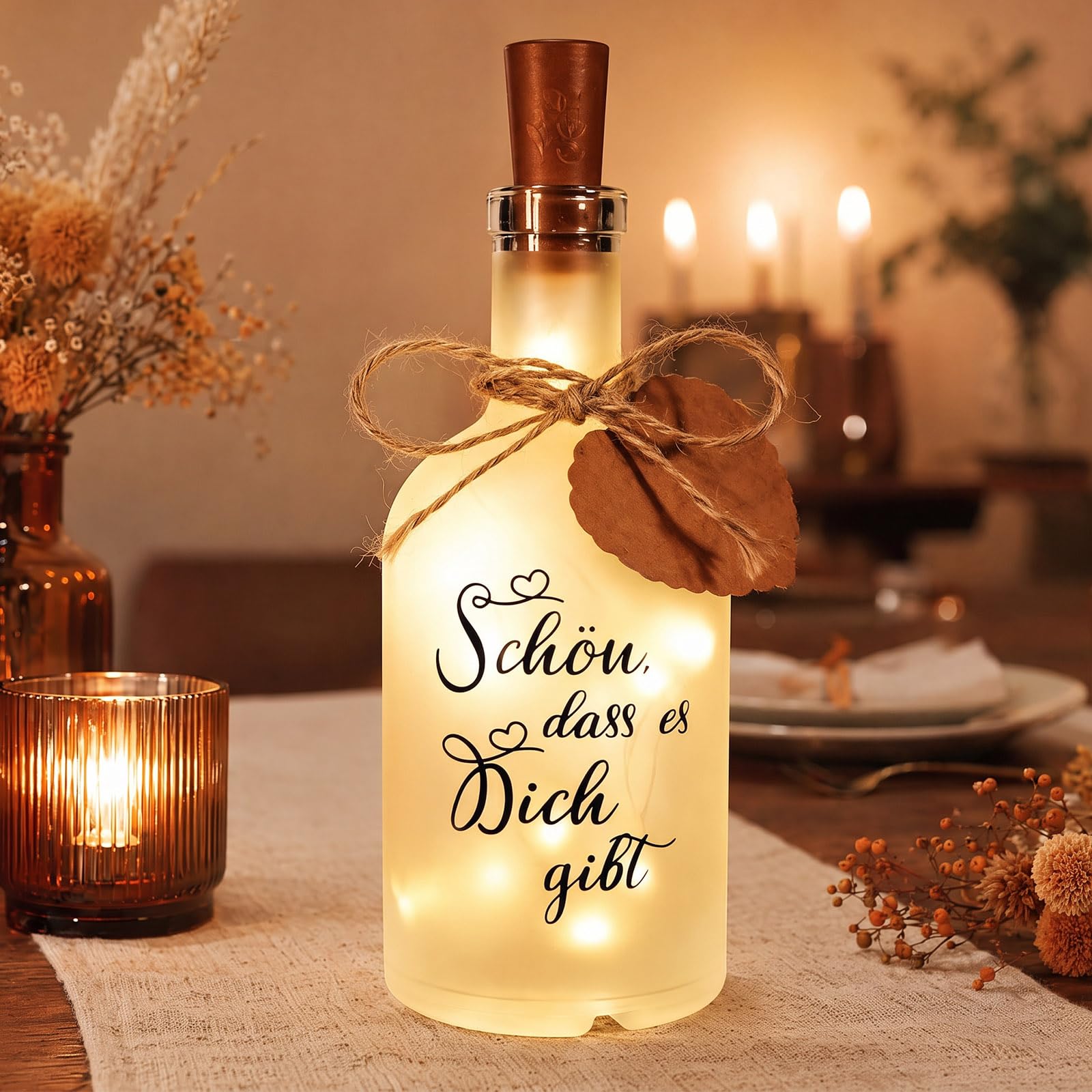 LED Flaschenlicht,Flaschenlichter mit Spruch,Schön dass es Dich gibt,Geschenk Ideen für Frau, Personalisierte Geschenke,Geburtstagsgeschenk Dekolicht für Hochzeit Weihnachten,Beleuchtete Dekoflasche