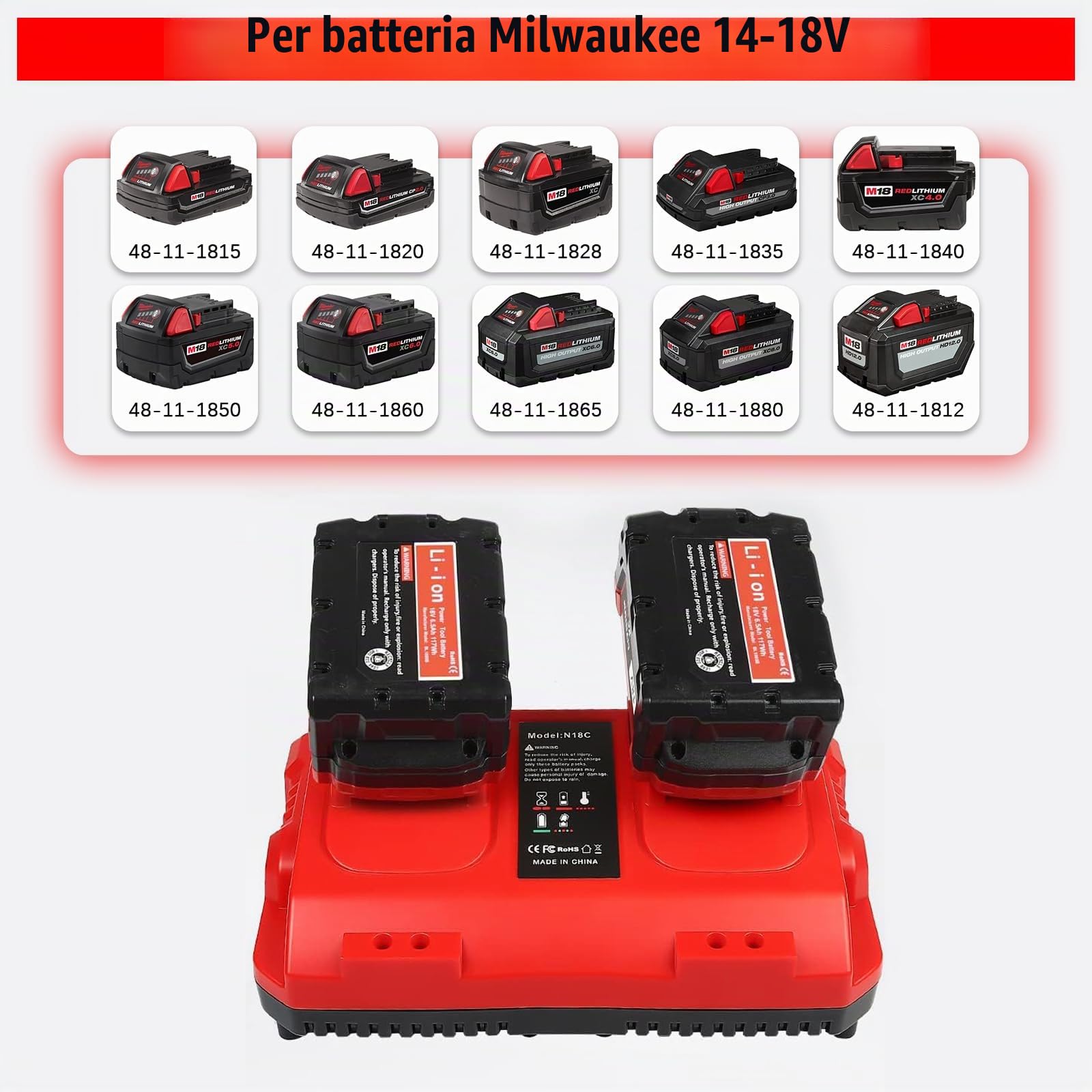 Caricabatterie Compatibile con Milwaukee M18 18V, Doppia Porta Rapida | Caricatore multiplo di ricambio compatibile con 48-59-1812/1802/1804, ricarica due batterie contemporaneamente