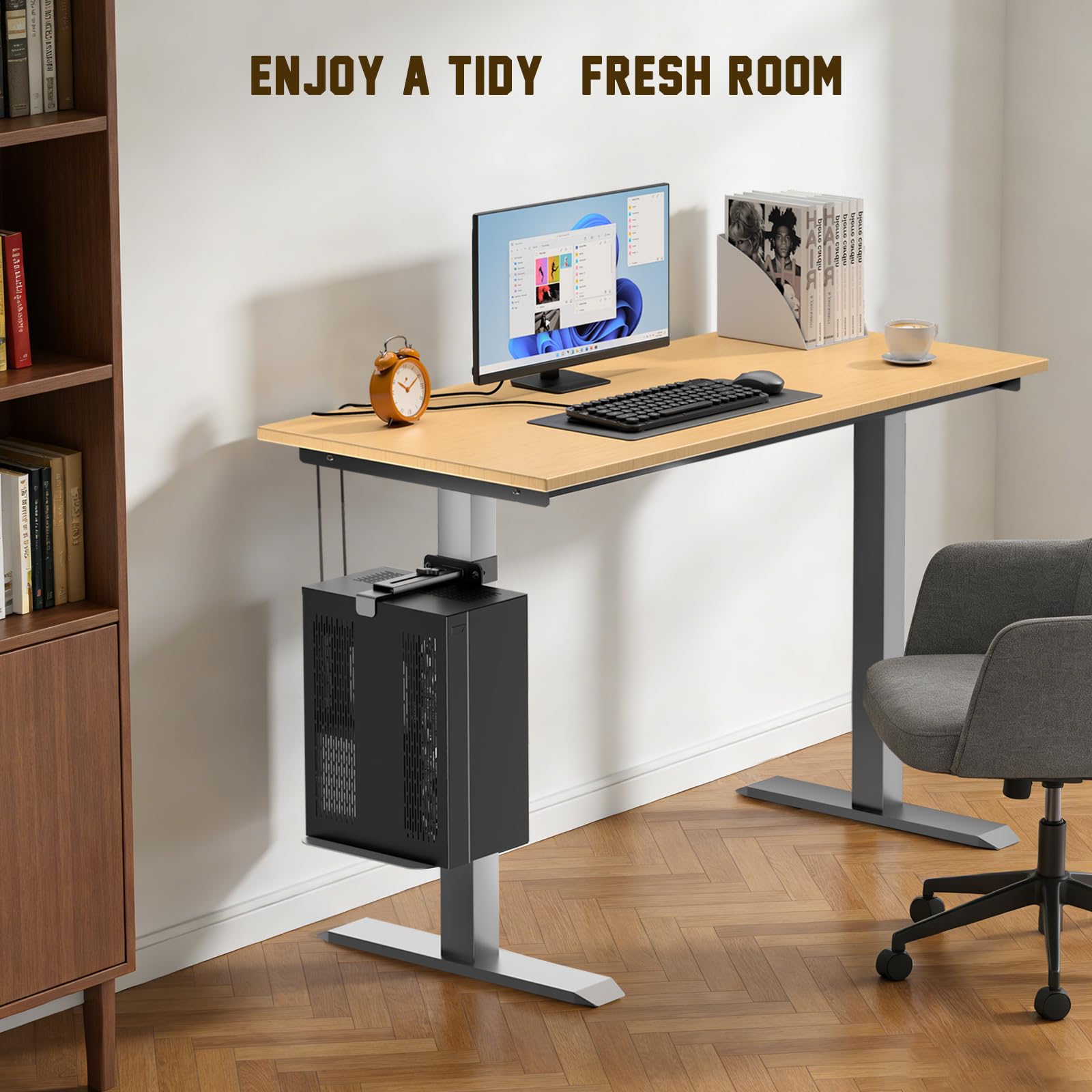 Soporte PC Bajo Mesa, Soporte Torre Ordenador con Altura y Ancho Ajustables, Soporte CPU Bajo Mesa Sin Necesidad de Taladrar, Ahorra Espacio en Hogar Oficina, Soporta Hasta 35kg, Compatible 65*45 mm