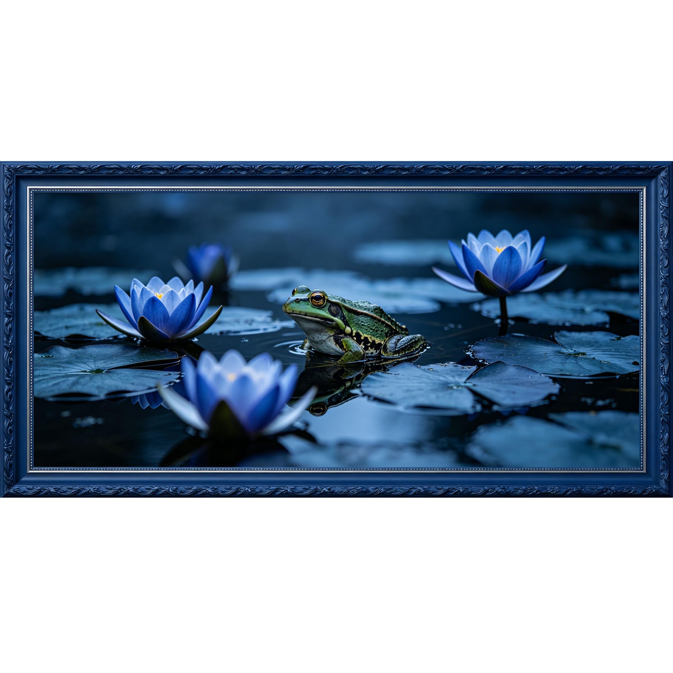 Agglomerix 3D Framed Wall Art Frog and Blue Lotus Pond Water Lilies Botanical Watercolor Nature Scene Large Size Self-Adhesive Removable Wall Decor Prints Artwork for Living Room Bedroom Office